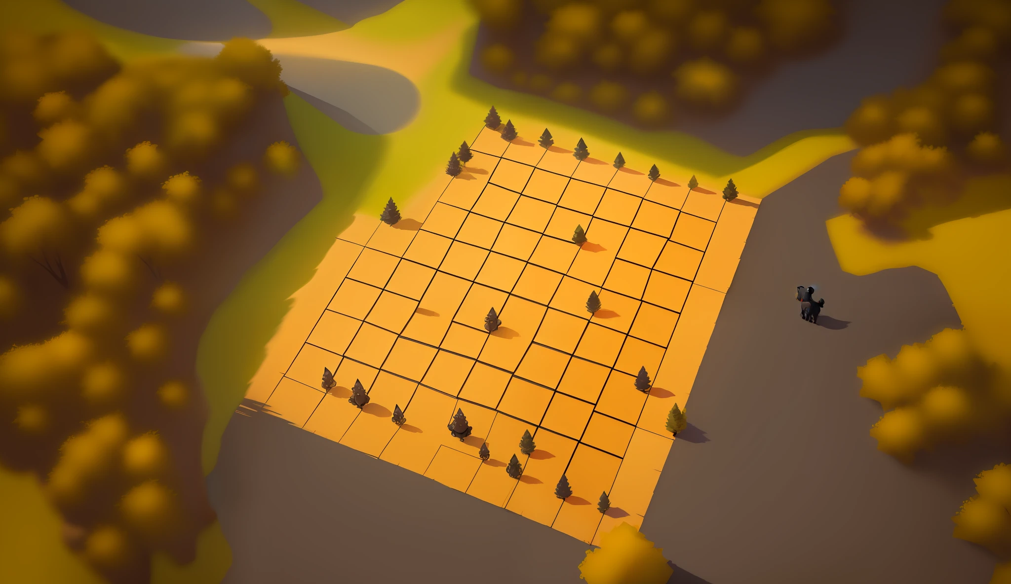 A kingdom of yellow squares, Each square has a piece of a different color and shape. There are two types of pieces: red and black, Each represents two camps. Next to each piece is a gemstone of a different color, The gemstones sparkle, Exudes magic. There is a gate at the entrance, Little black bears and little foxes stood in the doorway. Pixar cartoons, kids storybook。