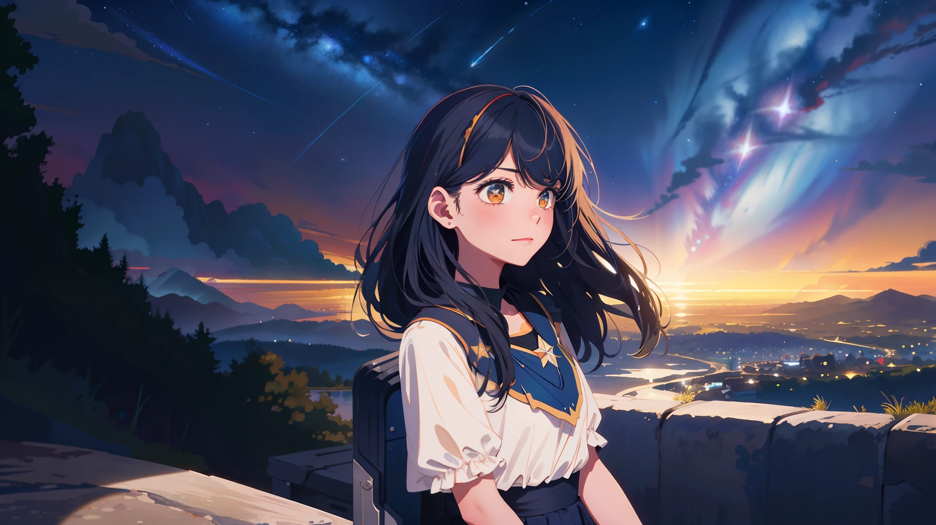 masterpiece, best quality, extremly detailed, illustration,
1girl, solo, wavy hair:, black hair, (starlink:1.3),
fill in underhighlights of {blue:0.8} hair, medium chest, orange eyes, pleated skirt, (starry tornado:1.3), starry nebula, extremely detailed sky,
{white kneehighs and frills:1.3}, {wrinkles on clothes:1.1}, extremely distant view, looking away, detailed shooting stars,