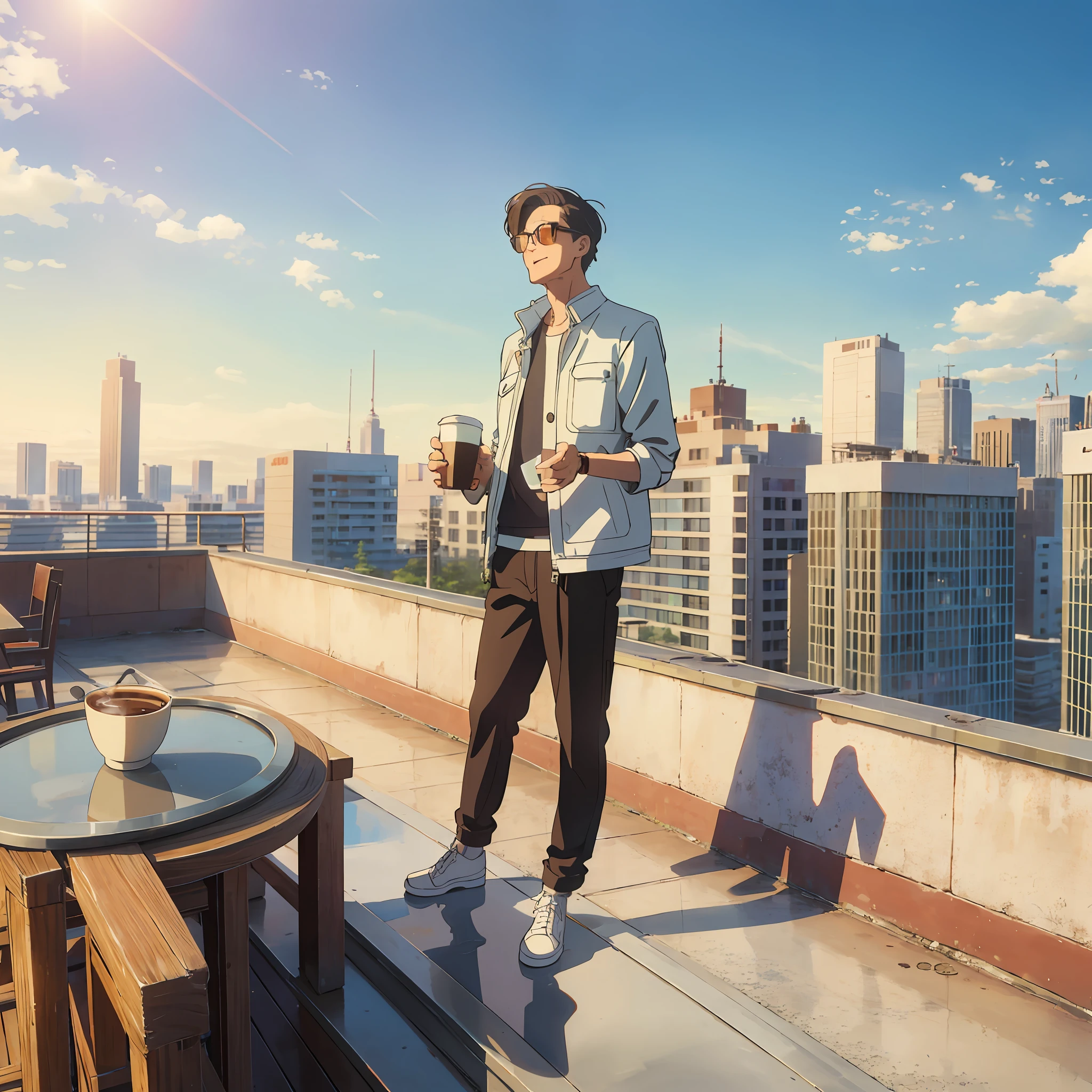 Tall man steps with coffee in hand on rooftop on sunny day after rain, overshirt and loose pants --auto --s2