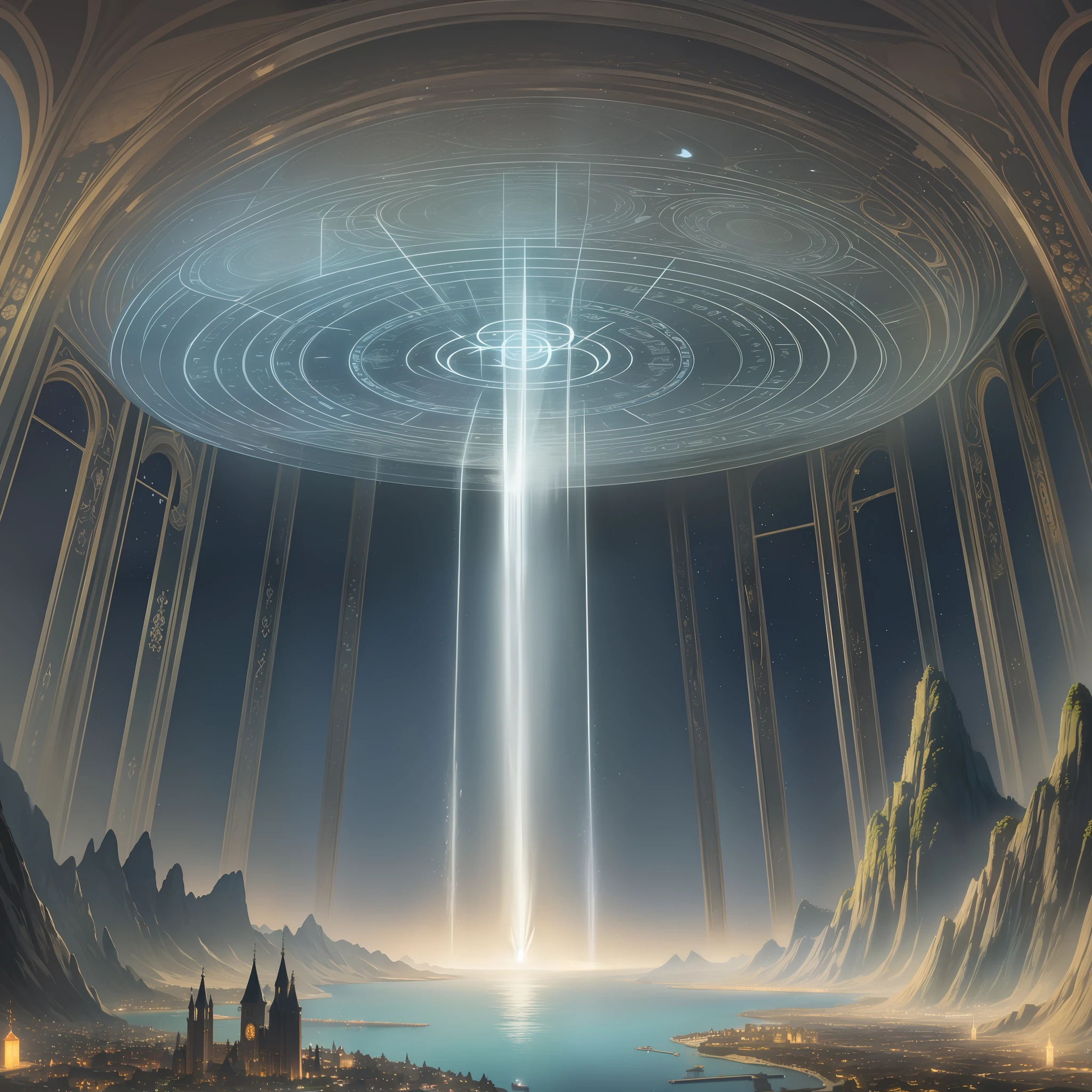 from below:0.5, foreground of forest:0.3, (massive city) drowning in holiness and holy lights, (distant ocean), (((night))), (Onibi), soul drain, ((evil magic circle)), (life stream),