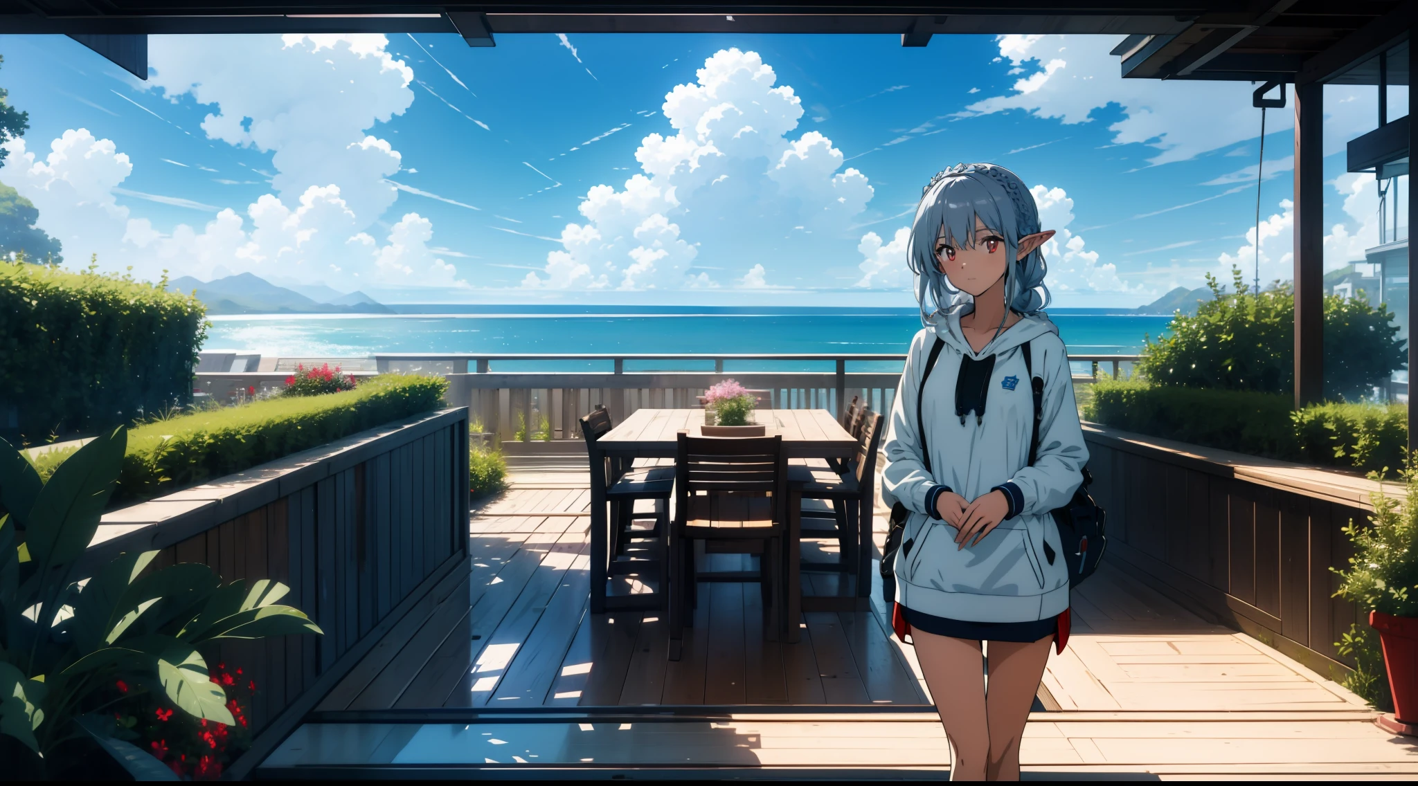 (Masterpiece), (Top Quality), Seaside City, Overlooking the Sea, Close Up of One Girl, Swimsuit, Bikini, Hoodie, Elf, Silver Hair, Red Eyes, Braid, Concept Art, Official Art, Beautiful Anime Scene, Beautiful Anime Landscape, Anime Landscape, Top Rated on pixiv