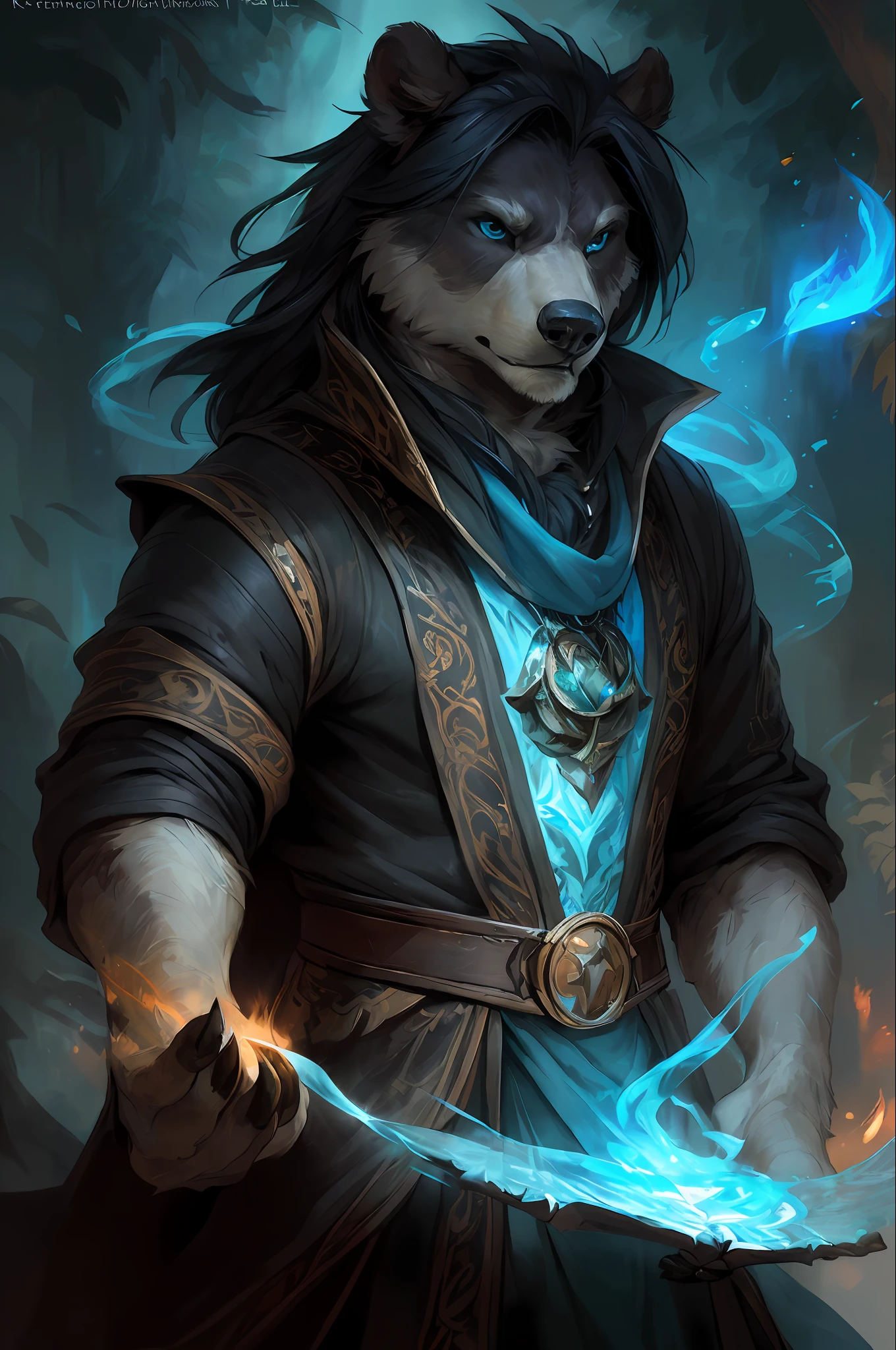 kenket, ross tran, ruan jia, bonifasko, a male bear made out of (wandering wizard), azure eyes, black mane of hairs, fantasy portrait, finely detailed robe, intricate design, magic, silk, cinematic lighting, 4k,