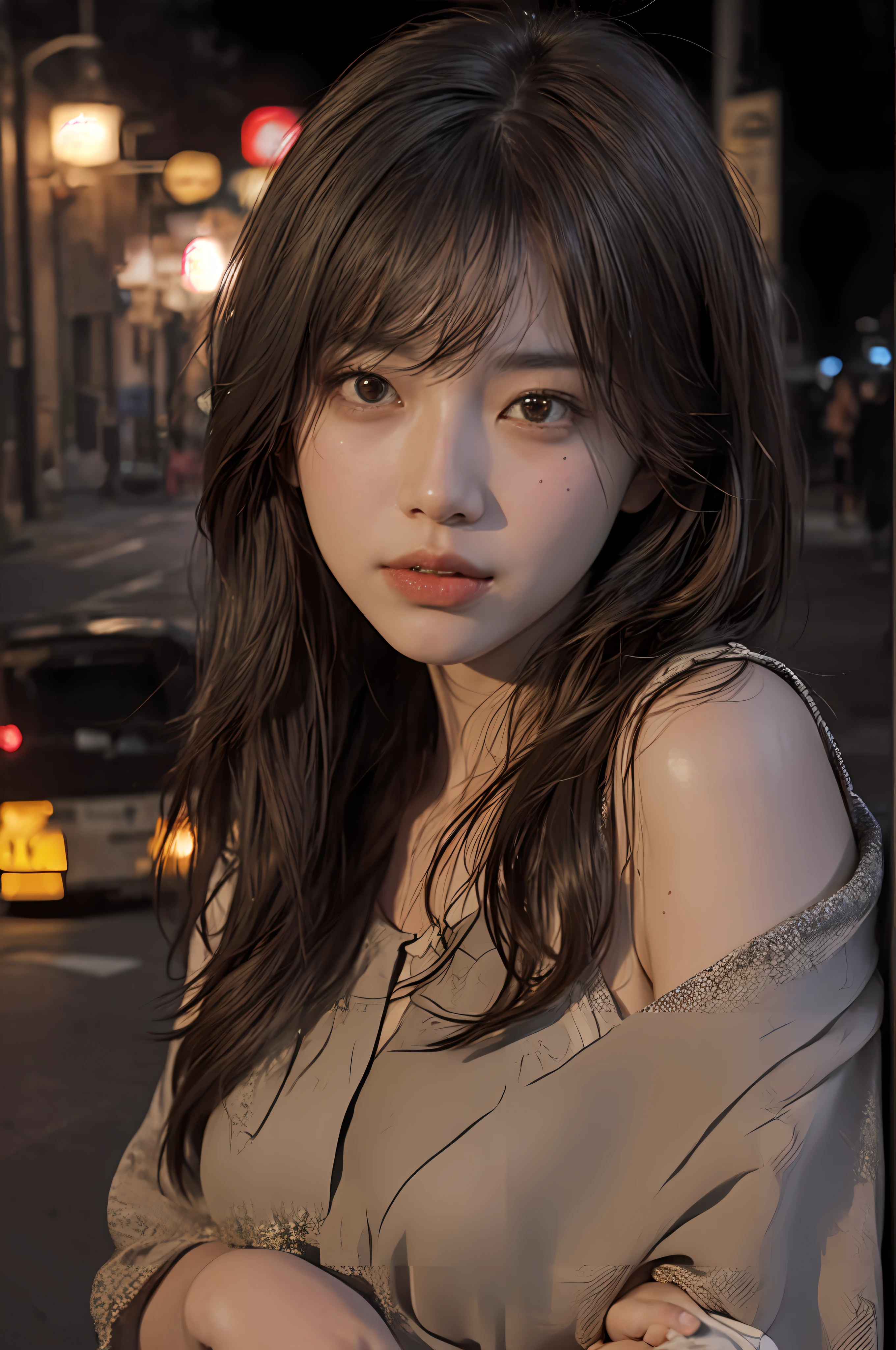 there is a woman that is standing in the street at night, soft portrait shot 8 k, 8k portrait render, 8k artgerm bokeh, [ realistic photography ], 🤤 girl portrait, realistic. cheng yi, photo-realistic low lighting, 8 k realistic digital art, [ 4 k photorealism ]!!, artwork in the style of guweiz