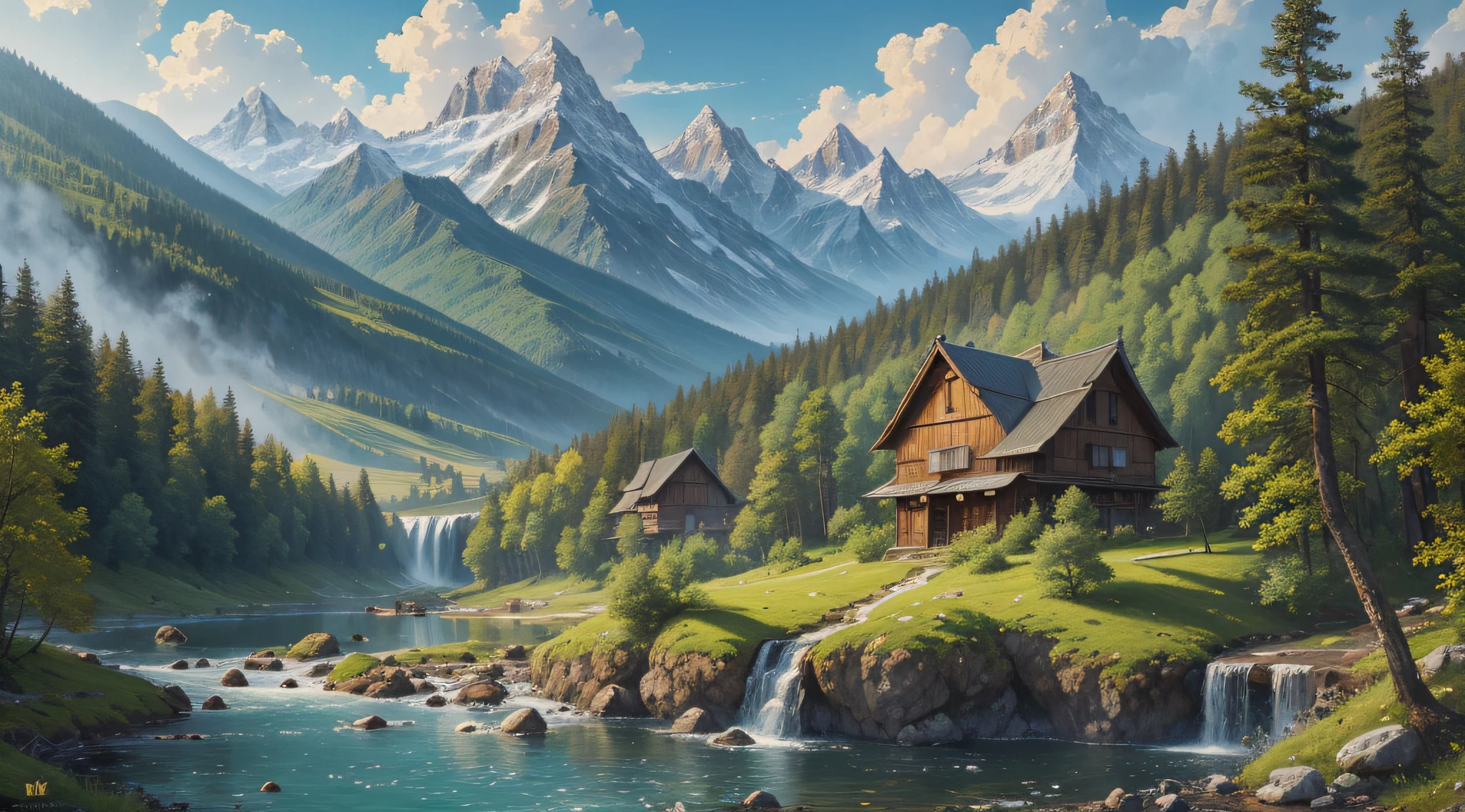 Shishkin oil painting, majestic, mountains, waterfalls, forests, white clouds, lakes, villages, 8K, fine details, high definition --auto --s2