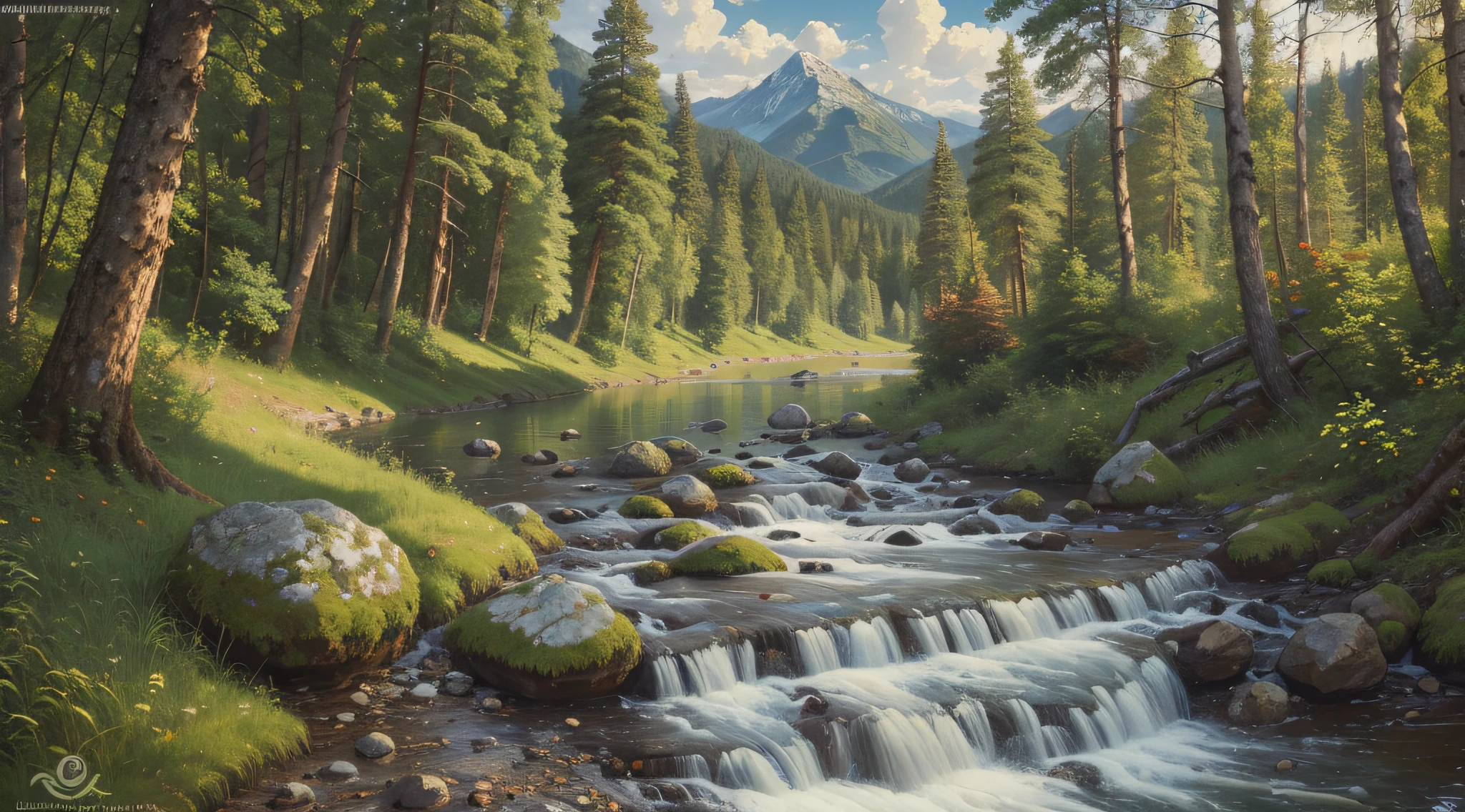 Shishkin oil painting, majestic, mountains, waterfalls, forests, white clouds, lakes, villages, 8K, fine details, high definition --auto --s2