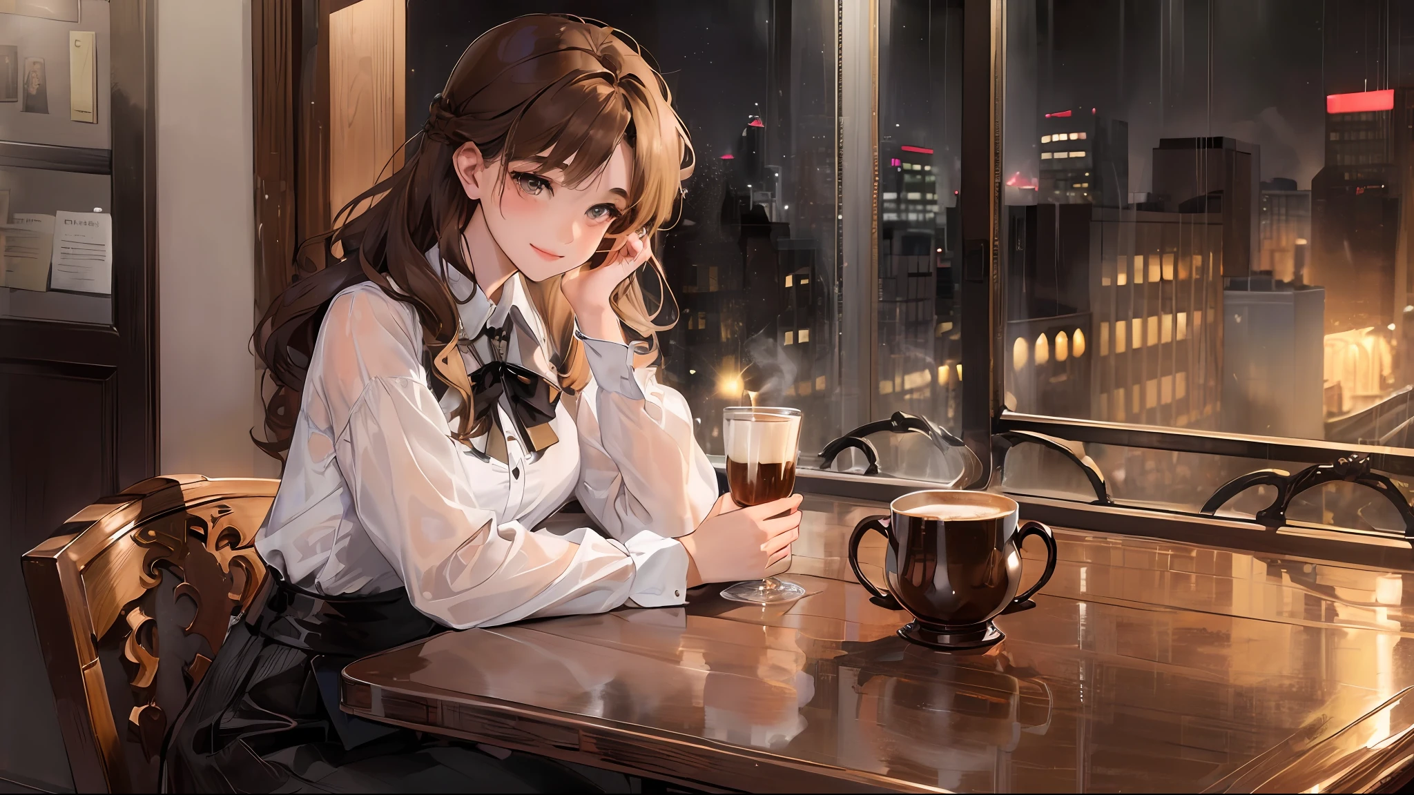 (((Beautiful woman and boy sitting face to face))), rainstorm night, dim street, café, bar, beautiful royal sister, long hair, curly hair, light brown, seductive, black lace skirt, by the window, a boy, short brown hair, shy, smiling, a cup of hot coffee on the table,