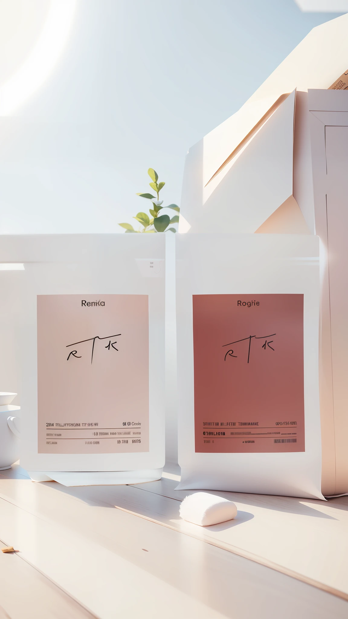 The tea bag sits quietly on the table, and the sunlight of the slight eaves shines through the obscuration. Minimalist style, realistic, 8k