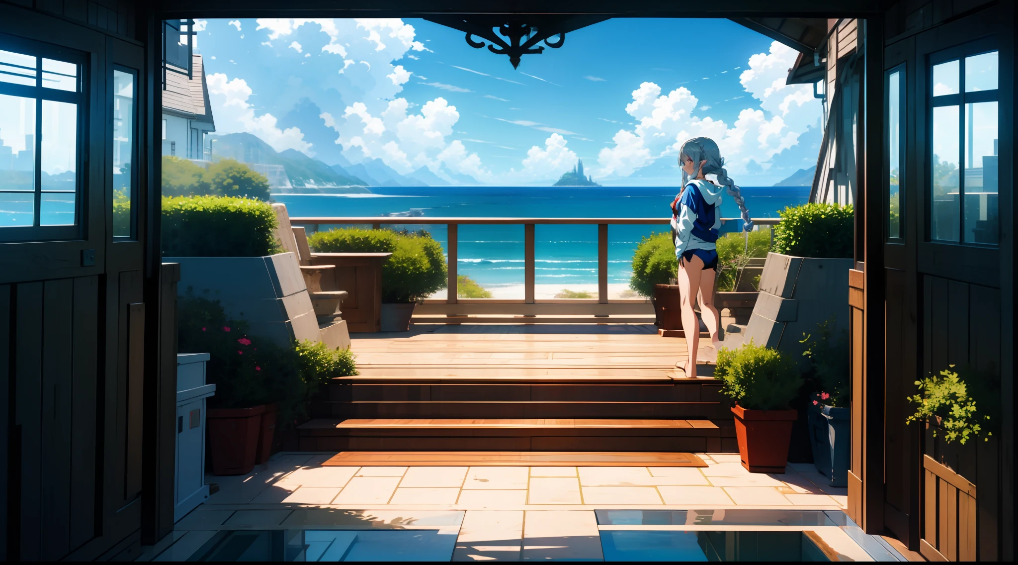 (Masterpiece), (Top Quality), Seaside City, Overlooking the Sea, Close Up of One Girl, Swimsuit, Bikini, Hoodie, Elf, Silver Hair, Red Eyes, Braid, Concept Art, Official Art, Beautiful Anime Scene, Beautiful Anime Landscape, Anime Landscape, Top Rated on pixiv