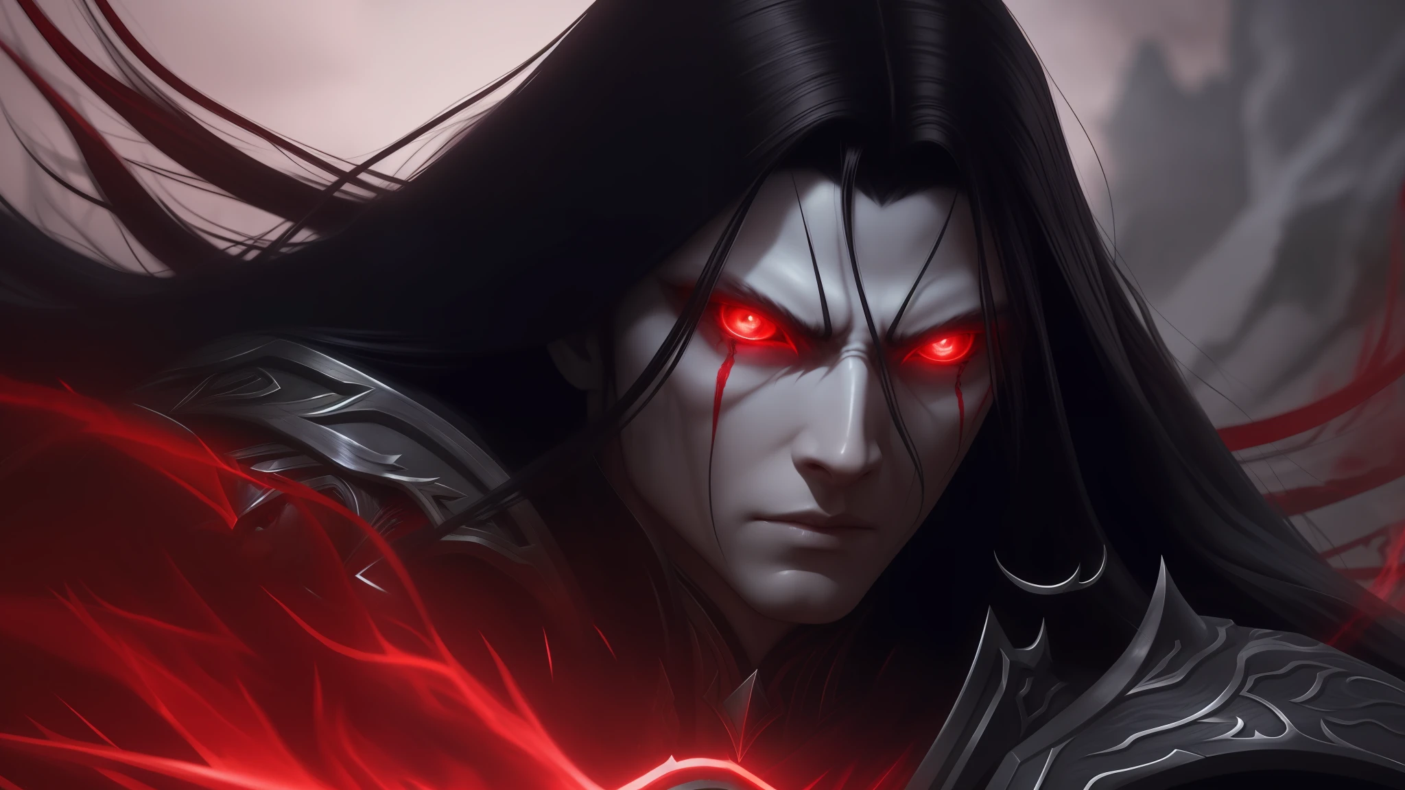 a close up of a person with long hair and red eyes, shadowbringers cinematic, elden ring boss, elden ring cinematic lighting, with glowing red eyes, with red glowing eyes, astri lohne, alucard, unreal engine render saint seiya, elden ring official, intense watery glowing red eyes, from lineage 2, cinematic red lighting