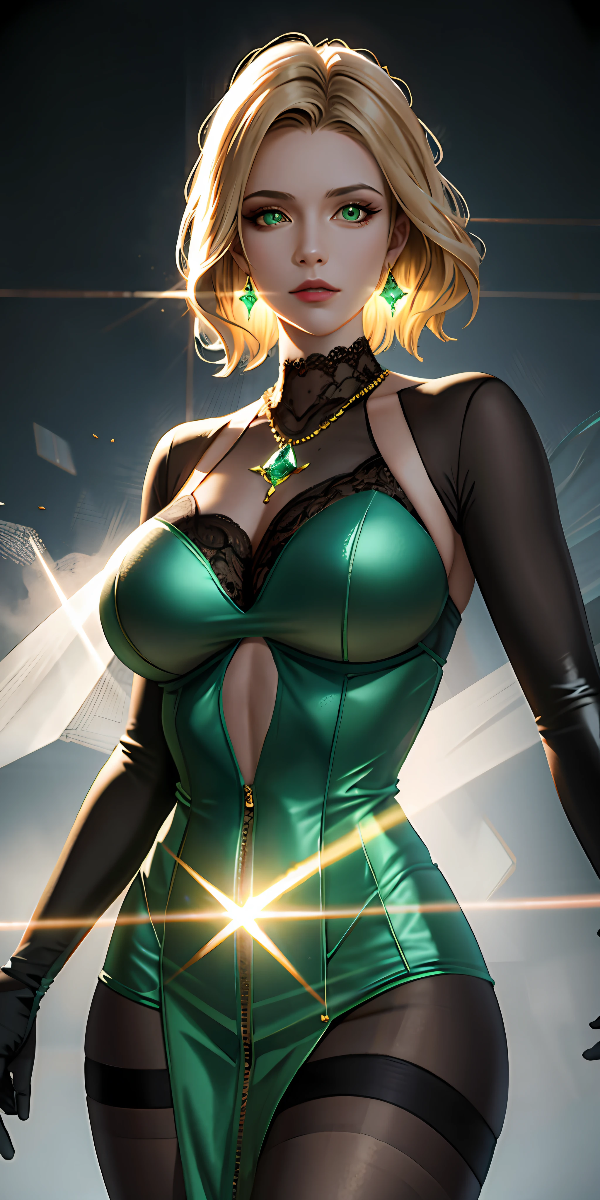movie poster, masterpiece, best quality, high quality, hd, high quality textures, high quality shadows, high detail, 8k ultra hd, realism, 100% real, cinematic light, lens glare, sharp focus, Tyndall effect, Tyndall effect, plumpness, big breasts, G cups, firm, female nurse, short blonde hair, sports bracers, medical gloves, lace, several large transparent crystals floating in the air, volumetric fog, volumetric light, octane render, large earrings, gemstone necklace, Golden-green emerald pupils, giggle, Hasselblad lens style, water splashing, a lot of water on the ground, strong backlight, dark light scene, low exposure, high contrast, strong sunlight behind it,
