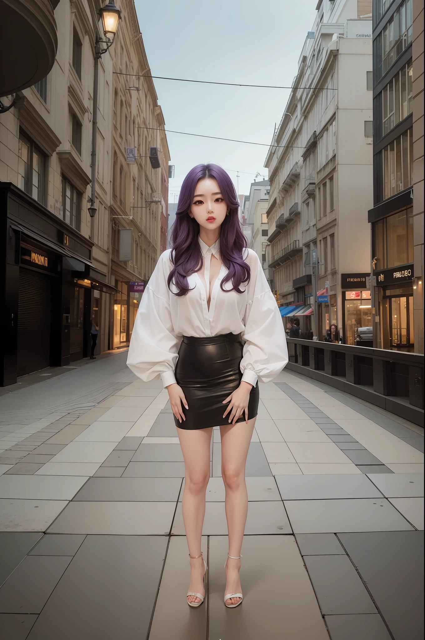 beautiful female k-pop idol, gigantic breasts purple bikini, her face is visible, close-up portrait, shot on sony a1, 85mm F/1. 4 ISO 100, medium format, 45 megapixel, studio lighting, softbox, high shutter speed flash photography, award-winning photograph with golden ratio composition, look at viewer