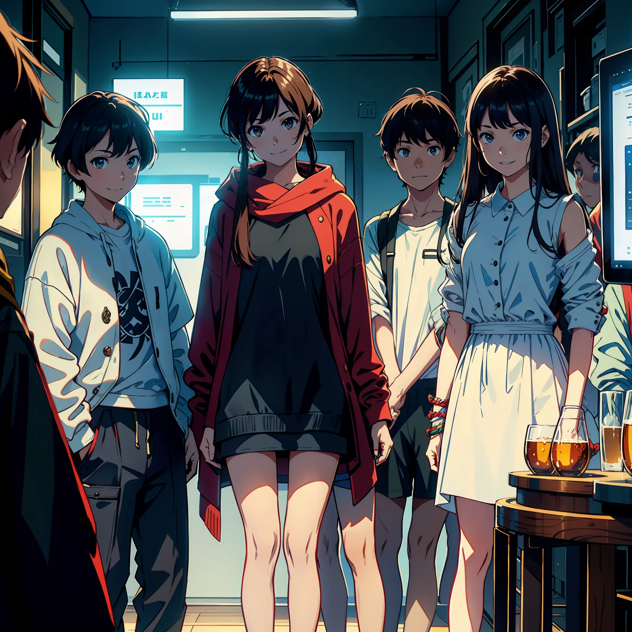 A group of people stood in front of the screen with envious expressions, smiling, in the room