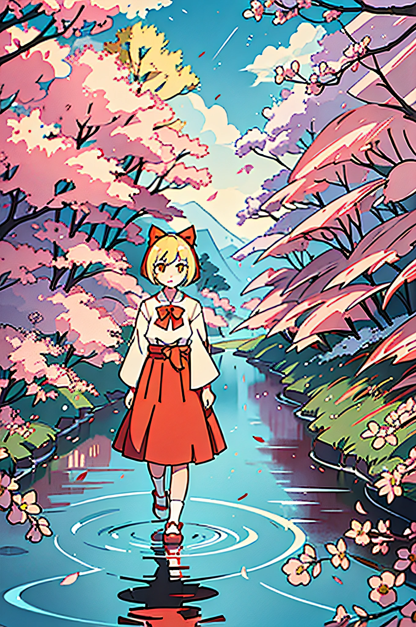 A blonde Japanese girl about one meter and five meters tall, short hair, wearing a white witch dress, red skirt, white blouse, red bow tie on the chest, yellow pupils, empty hands, wearing a red bow on her head, walking by the river, looking at the left side of the picture, the picture perspective is perpendicular to the river