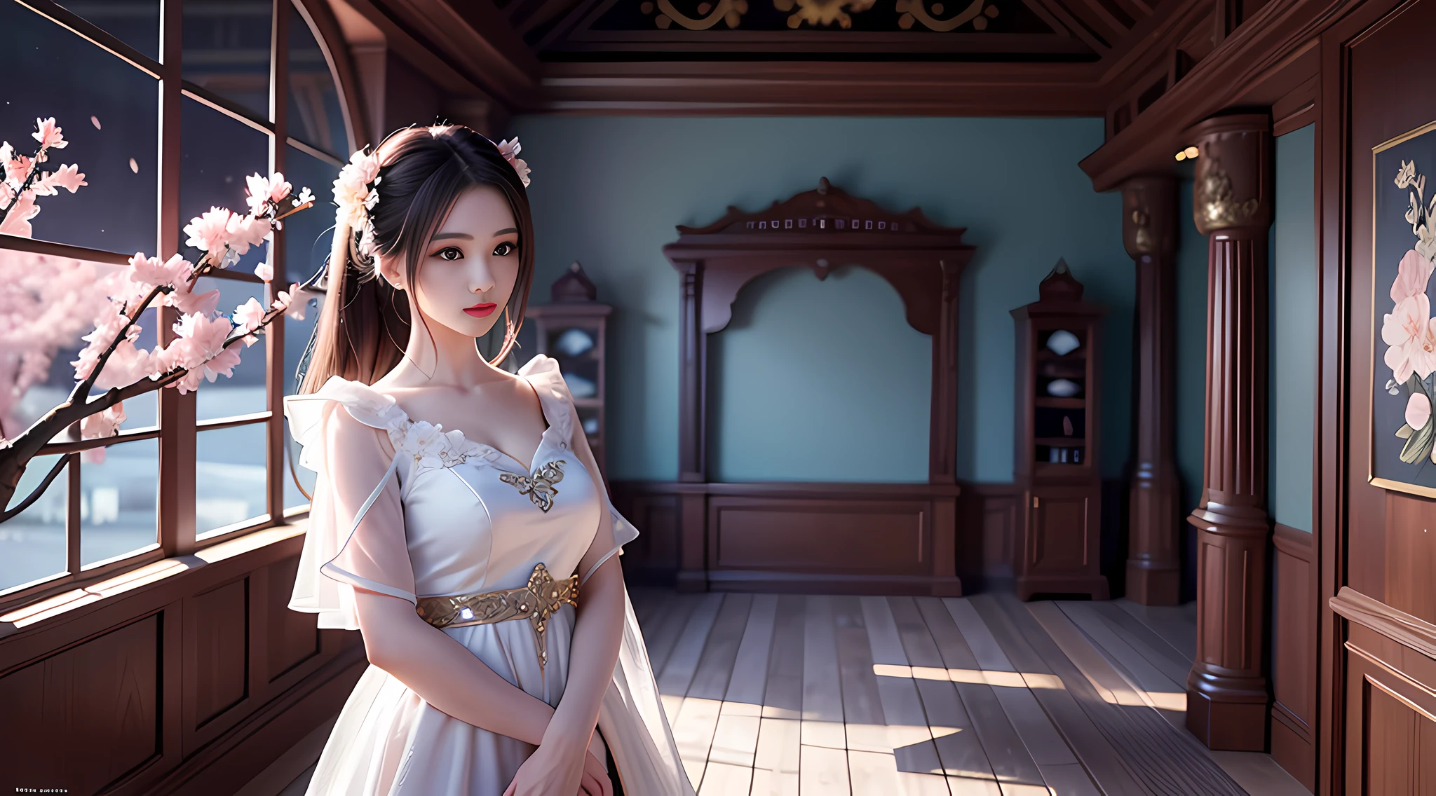 vivid illumination, enchanting elegance, atmospheric depth, masterful technique, naturalistic representations, harmonious composition, creative refinement, striking juxtapositions,
1girl,solo,atmospheric clothing,
university,
indoor,
Patience,
garden, blossoms, peaceful,