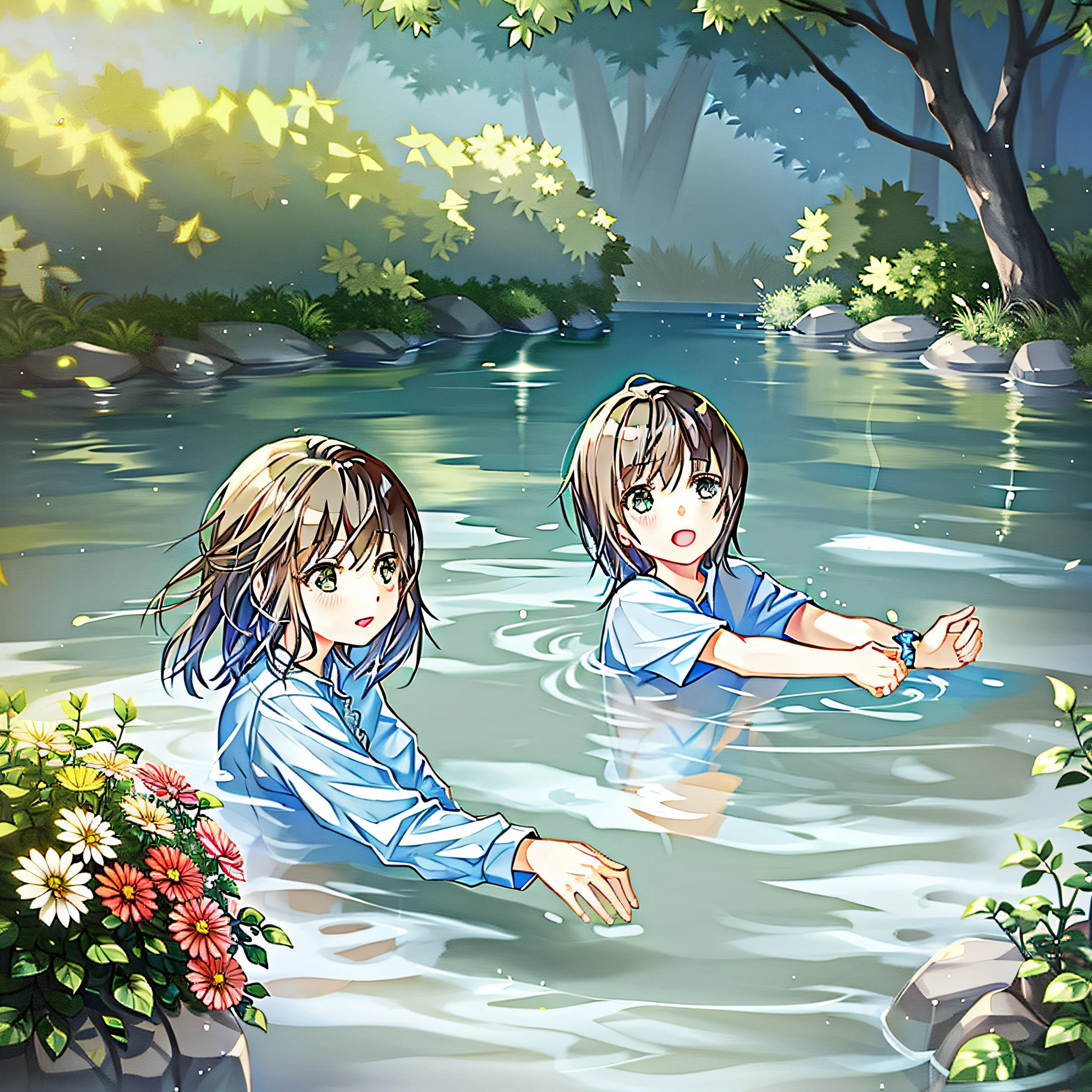 anime image of two girls in a river with flowers, official artwork, guweiz and makoto shinkai, makoto shinkai art style, makoto shinkai!, makoto shinkai!!, sakimichan and makoto shinkai, makoto shinkai style, makoto shinkai and artgerm, in style of makoto shinkai