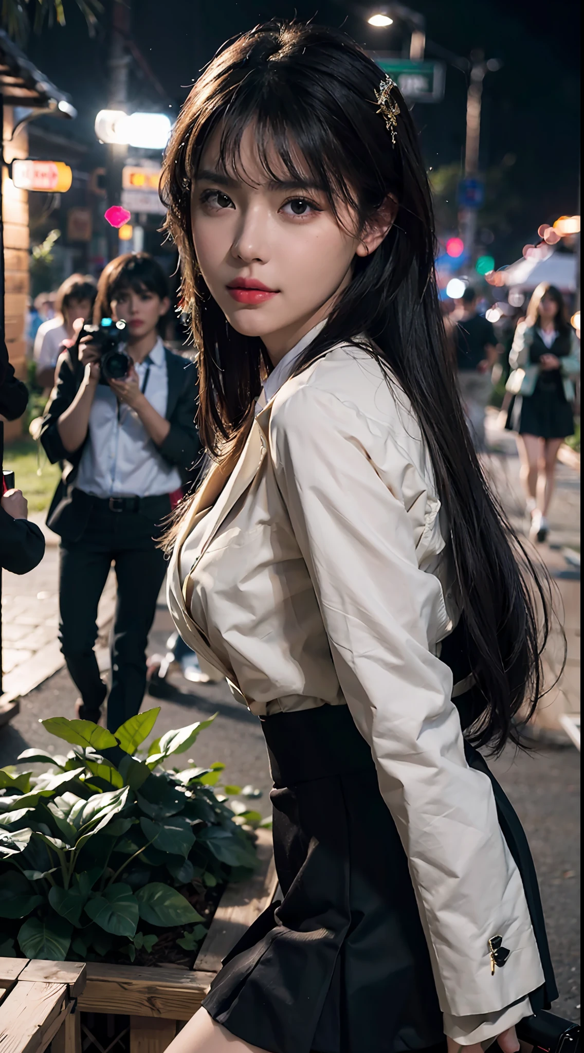 best quality, masterpiece, 1girl, Beautiful face, (photo realistic:1.3), rim lighting, (high detailed skin:1.2), 8k uhd, dslr, high quality, high resolution, 4k, 8k, Bokeh, absurdres, best ratio four finger and one thumb, (realistic:1.3), cute 1girl, wearing black formal blazer, medium breasts, short skirt,