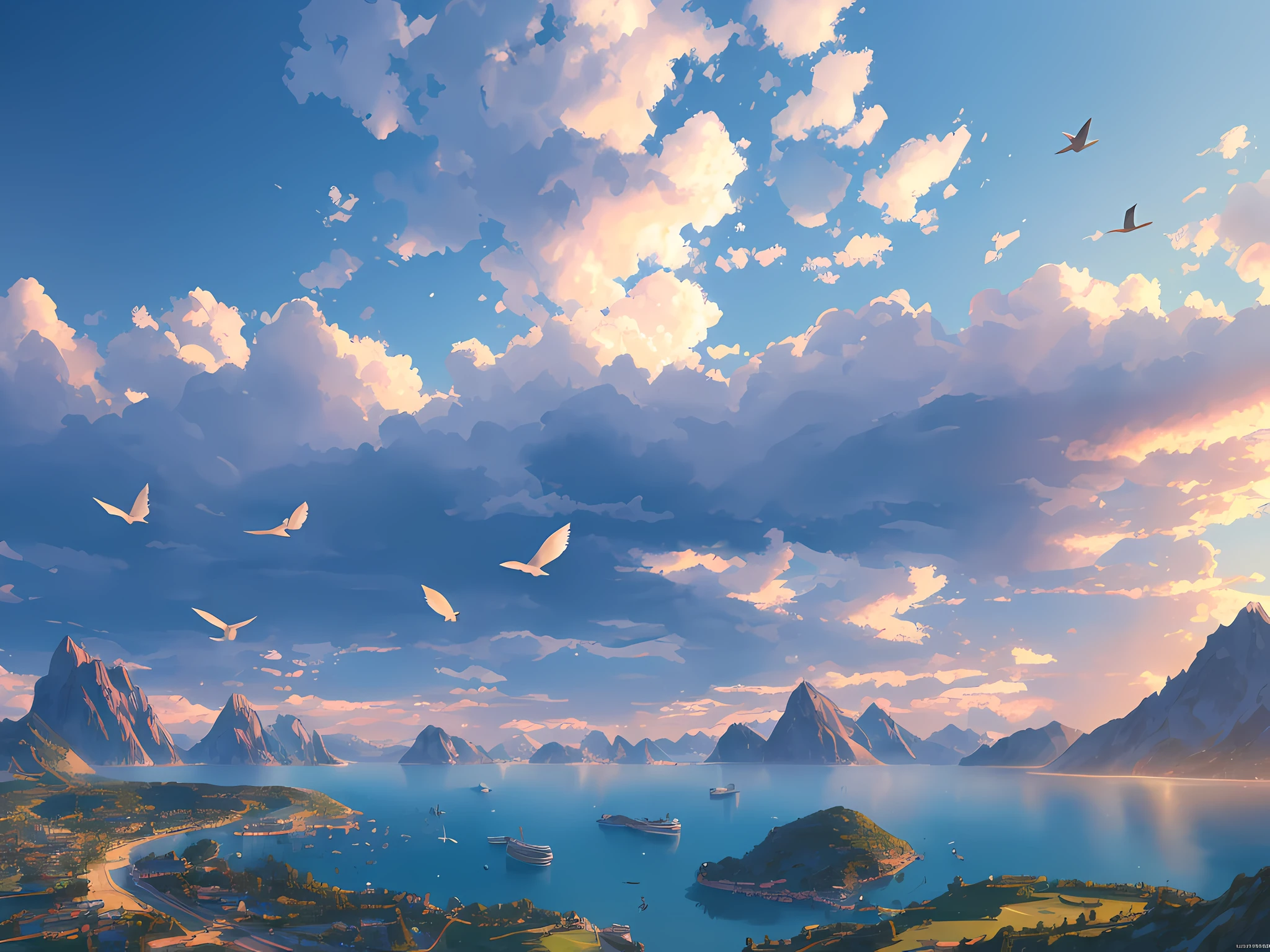 Masterpiece, best quality, high quality, extremely detailed CG unity 8k wallpaper, landscape, outdoor, blue sky, clouds, sky, no humans, mountain peaks, landscape, water, big trees, blue sky, waterfall, cliff, nature, lake, river, cloudy sky, award winning photography, bokeh, depth of field, HDR, bloom, chromatic aberration, realism, very detailed, trends on artstation, trends on CGsociety, intricacies, super high detail, drama, midway art , There are birds in the sky --auto --s2
