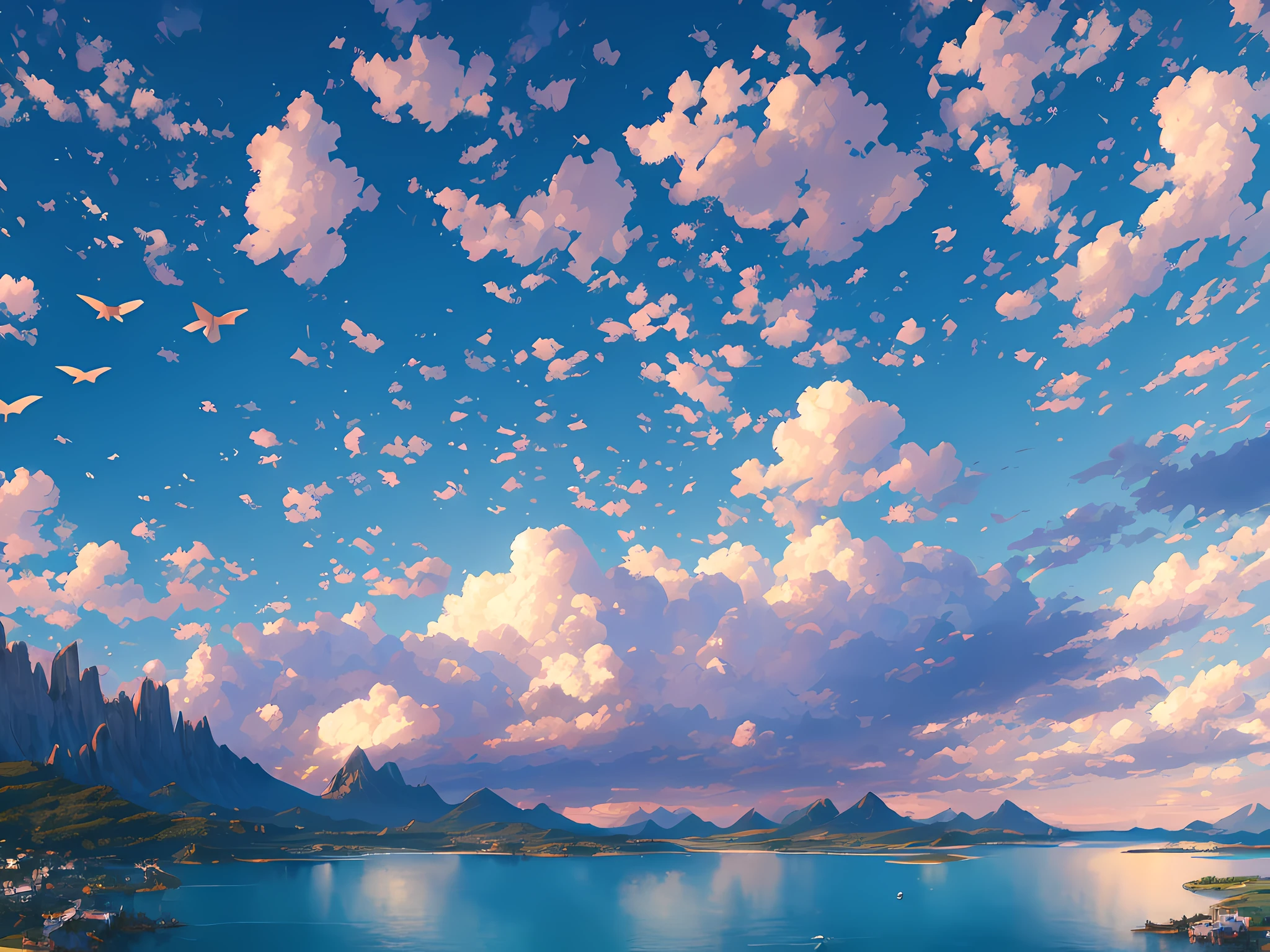 Masterpiece, best quality, high quality, extremely detailed CG unity 8k wallpaper, landscape, outdoor, blue sky, clouds, sky, no humans, mountain peaks, landscape, water, big trees, blue sky, waterfall, cliff, nature, lake, river, cloudy sky, award winning photography, bokeh, depth of field, HDR, bloom, chromatic aberration, realism, very detailed, trends on artstation, trends on CGsociety, intricacies, super high detail, drama, midway art , There are birds in the sky --auto --s2