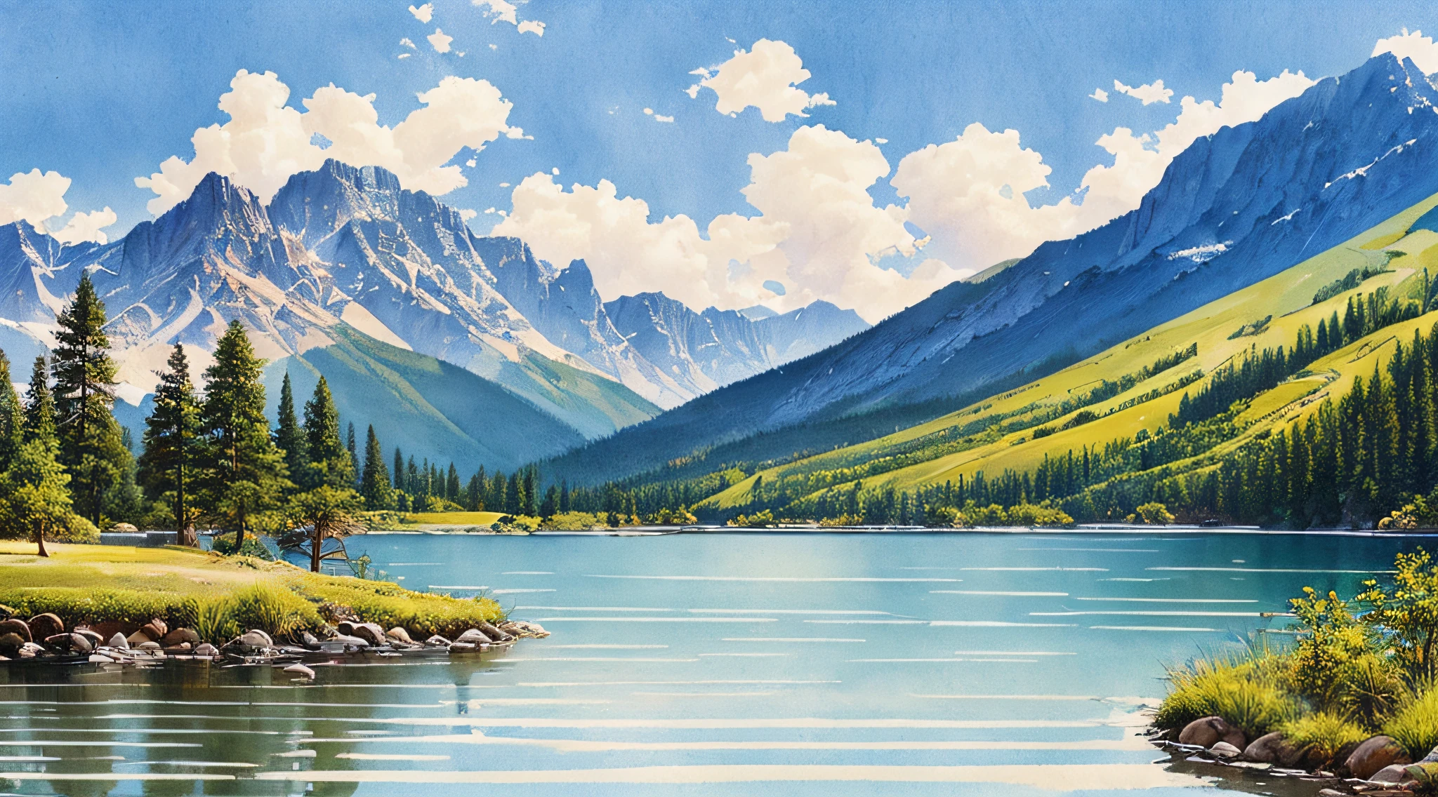 Steve Hanks watercolor, magnificent, mountains, waterfalls, forests, white clouds, lakes, villages, 8K, fine detail, HD --auto --s2