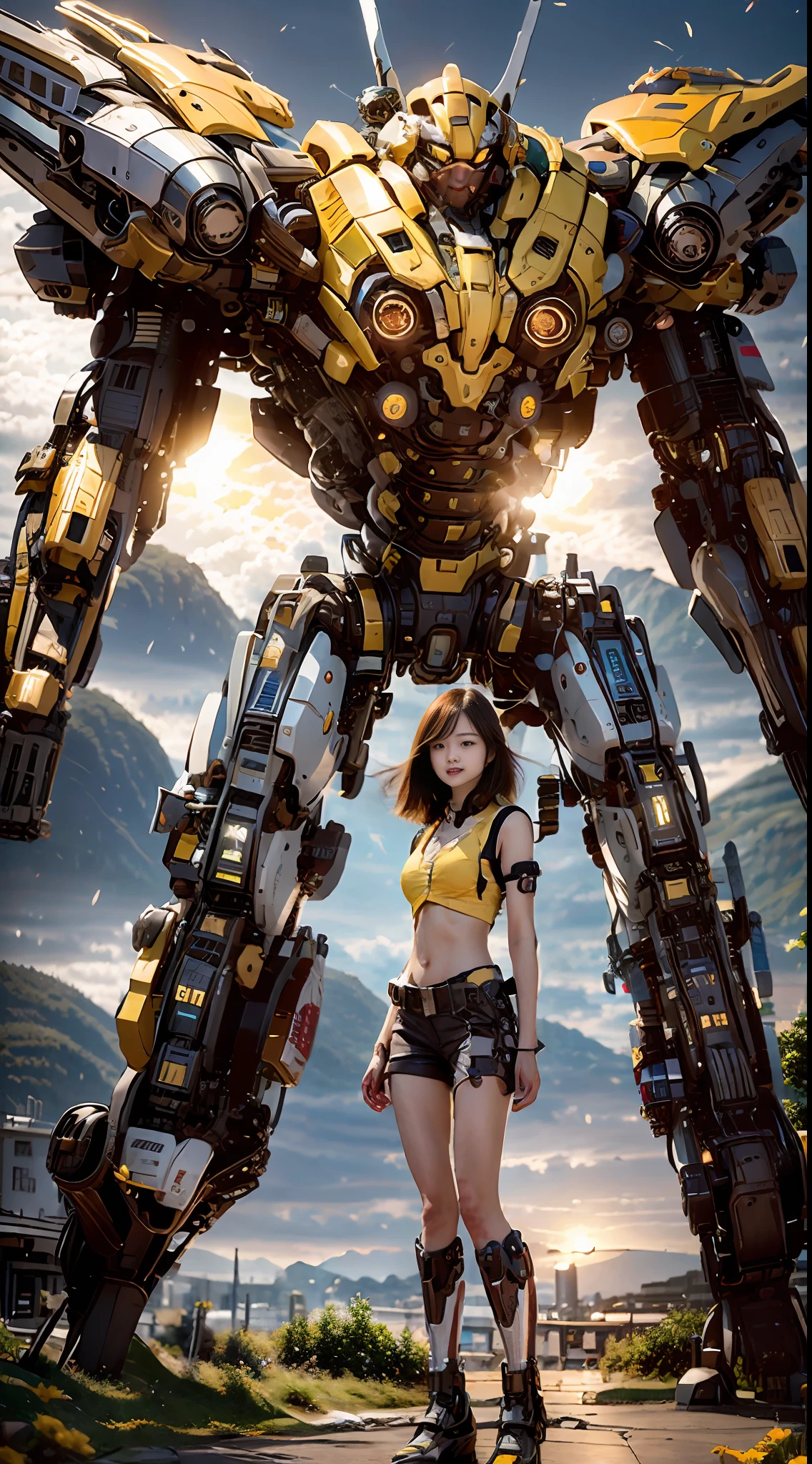 ((Masterpiece, Best Quality)), illustration, ultra-detailed 8K, realistic, clear focus, highly detailed, professional lighting, colorful details, rainbow-colored BREAK factory super long shot, large mechanical robot structure, standing behind the girl, microchip, computer, luminescence, complex details, shitu-mecha, 1girl standing in front of the audience, navel, mechanical guitar, very beautiful, standing in front of the mecha, master work, super clear picture quality