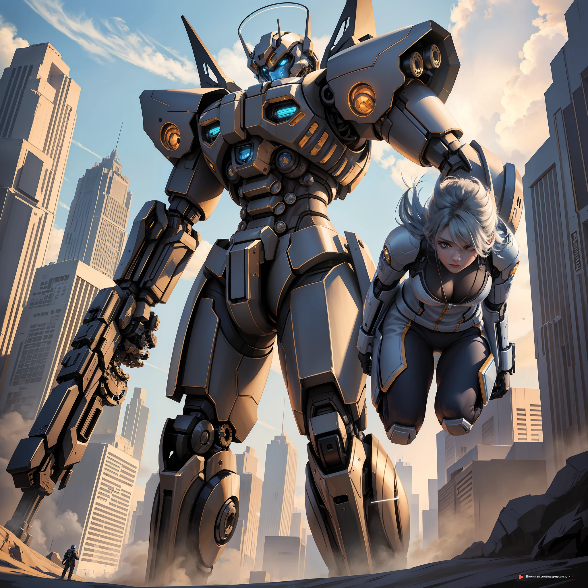 Masterpiece, best quality, 8K, half-human half-mech combining one man with mecha, cool, mechapunk background, highlights, gears