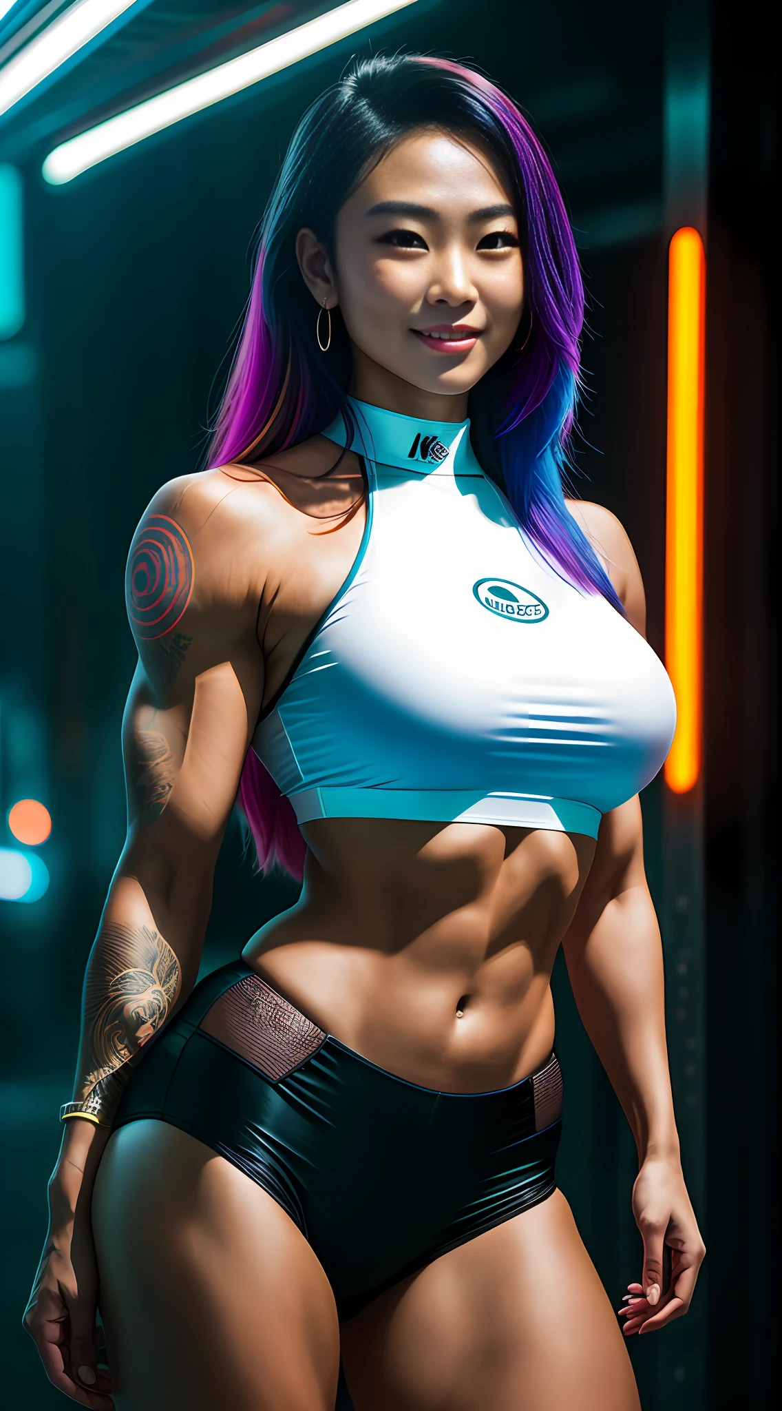 cyberpunk portrait photography, beautiful young thai woman with colorful hair, bodybuilder physique, looking away from the camera in glowing futuristic, smile, wearing white top, smiling, happy, super realistic face, natural skin, soft light, rim light, hips, in road side, detailed background, intricate , highly detailed, octane render, HD, 8k, by Annie Leibovitz,120mm