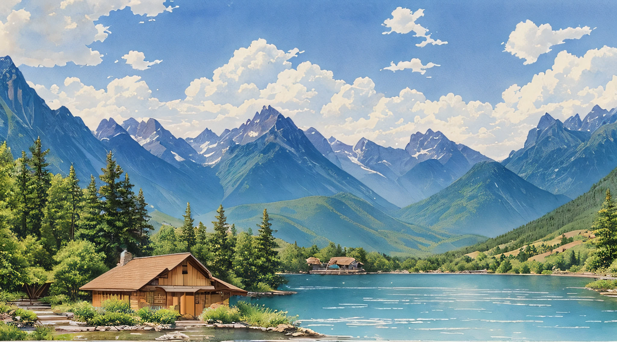 Steve Hanks watercolor, magnificent, mountains, waterfalls, forests, white clouds, lakes, villages, 8K, fine detail, HD --auto --s2