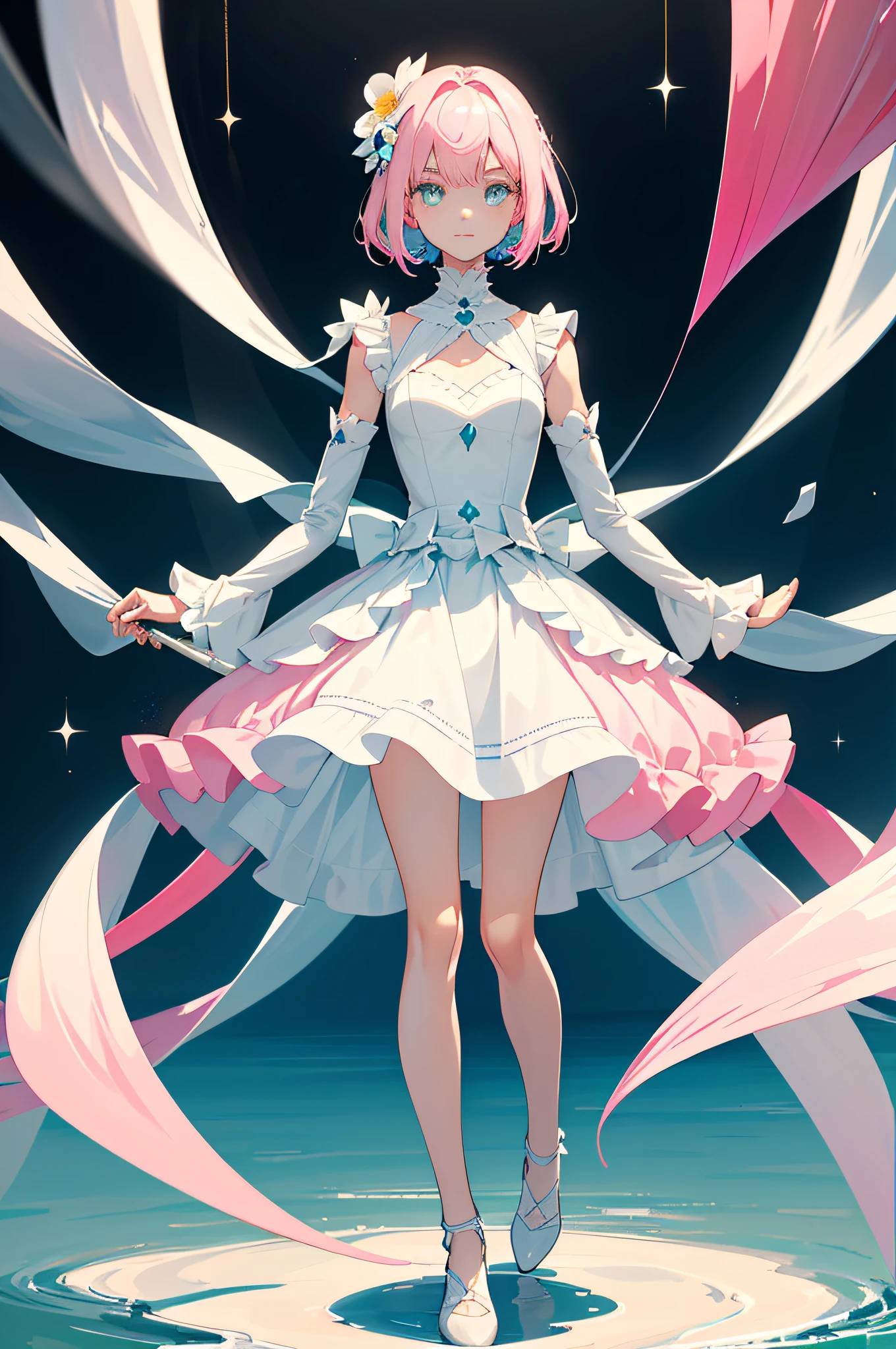 1girl, {an extremely delicate and beautiful girl}, white ruffles, light pink and light cyan dresses, solo, {light pink white short hair}, cute eyes, colorful eyes, happy expressions, smiles, happy, cute faces and styling, (super cute: 1.5), pink frilled dress, standing painting, (front: 1.8), {hands down}, body, features, {simple solid background}, film shooting, the best tones, the best lighting, the best quality, Clear face, anime visual cute girl, anime goddess, masterpiece, best quality, cute hair ornaments, flower hair ornaments, super clear, perfect picture quality, close-up of a person with a long body and long arms, humanoid, symmetrical full body rendering, slender figure, shrink full body, stick figure, clear brush strokes, clear lines, abstract human body, the other is skeletal figure, humanoid character, character image, realistic proportional body, humanoid body, symmetrical body, T pose, clean, pure
