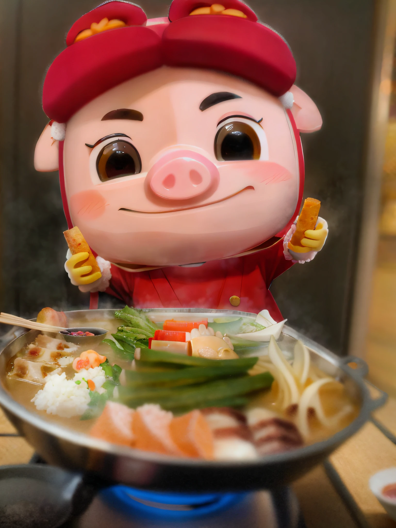 Cartoon style, (GG Bond) Pig's Nose, Japanese hot pot, indoor,