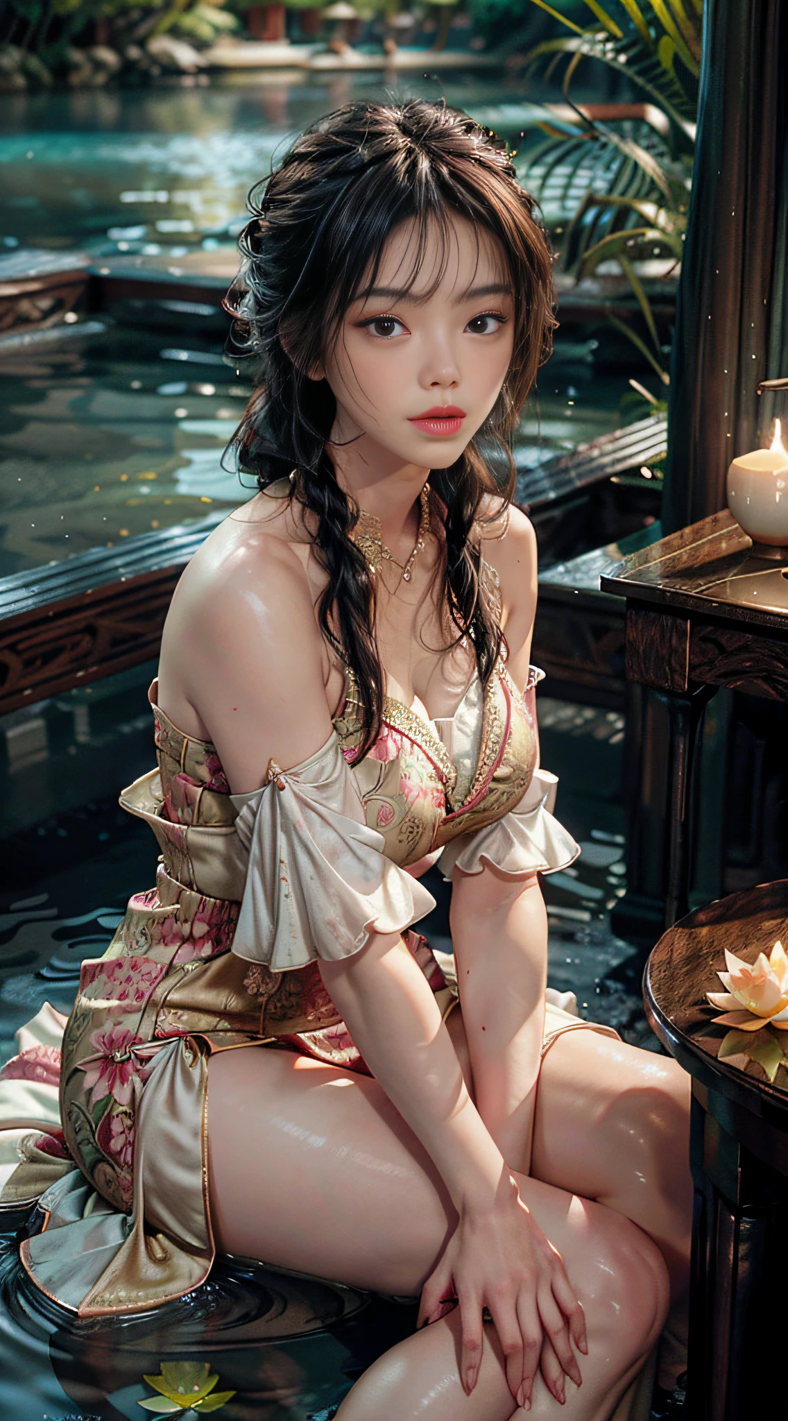 Sitting by a lake full of lotus flowers and feet playing in the water, the art depicts a charming woman dressed in a flowing, silky traditional oriental dress in pink, decorated with intricate patterns and bright colors. Her dress drapes elegantly over her curvy figure, accentuating her seductive silhouette. She sits gracefully by the tranquil lotus lake, her feet playing in the water, bathed in the soft glow of the moonlight. The scene exudes an ethereal and dreamy atmosphere, with a touch of mystery and sexiness. The graphic style blends watercolor and digital illustration techniques to evoke a refined beauty and charm. The lights are filled with soft moonlight, casting soft highlights and shadows on her charming features. Bare thighs, big breasts, three-dimensional facial features, sitting, upturned legs, side braids