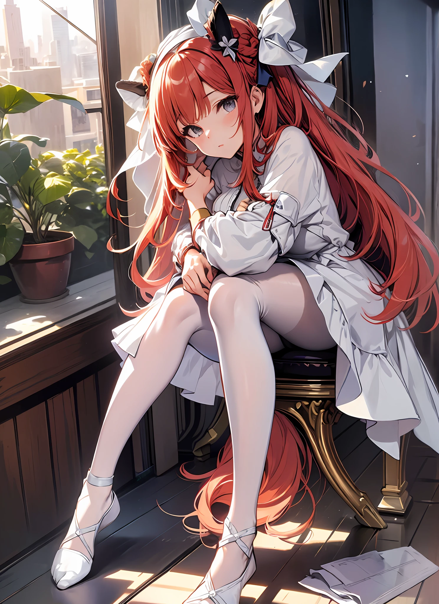 {{masterpiece}},illustration,best quality,extremely detailed CG unity 8k wallpaper,1girl_solo, full_body, from_below, looking_at_viewer, looking_down,((white pantyhose: 1.5)), (no shoes:1.3),chair,twintail,red hair,braided bangs,Sexy and charming panties,revealing dress,window,(Close-up of the foot),hair_ribbon,strong rim light,花,cameltoe,