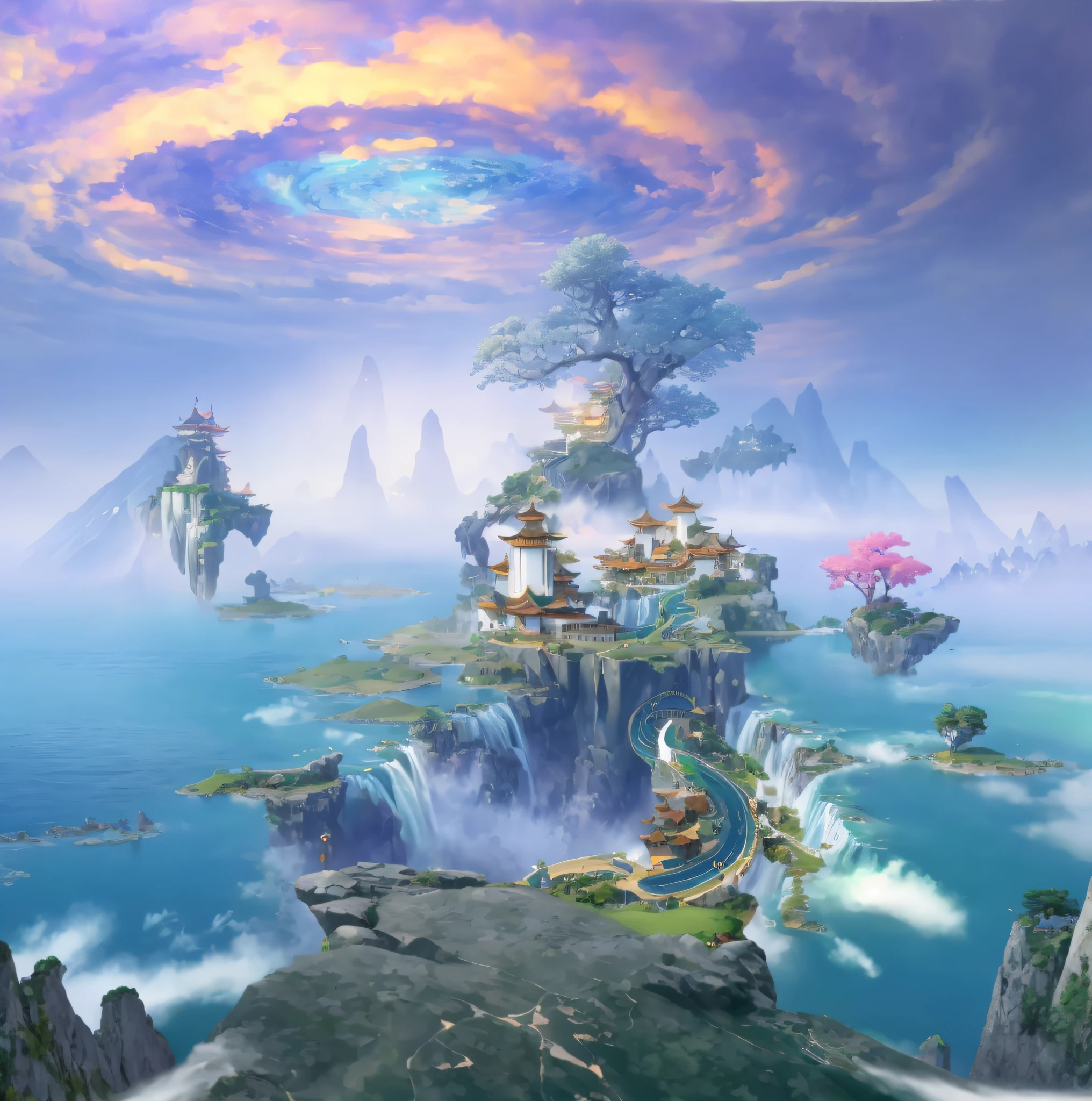 Masterpiece, best quality, high quality, extremely detailed CG unity 8k wallpaper, landscape, outdoor, sky, cloud, sky, no humans, mountain, landscape, water, tree, blue sky, waterfall, cliff, nature, chinese architecture, lakes, rivers, cloudy skies, award winning photography, bokeh, depth of field, HDR, bloom, chromatic aberration, photorealism, very detailed, trending on artstation, trending on CGsociety, intricate, high detail, dramatic, midjourney art