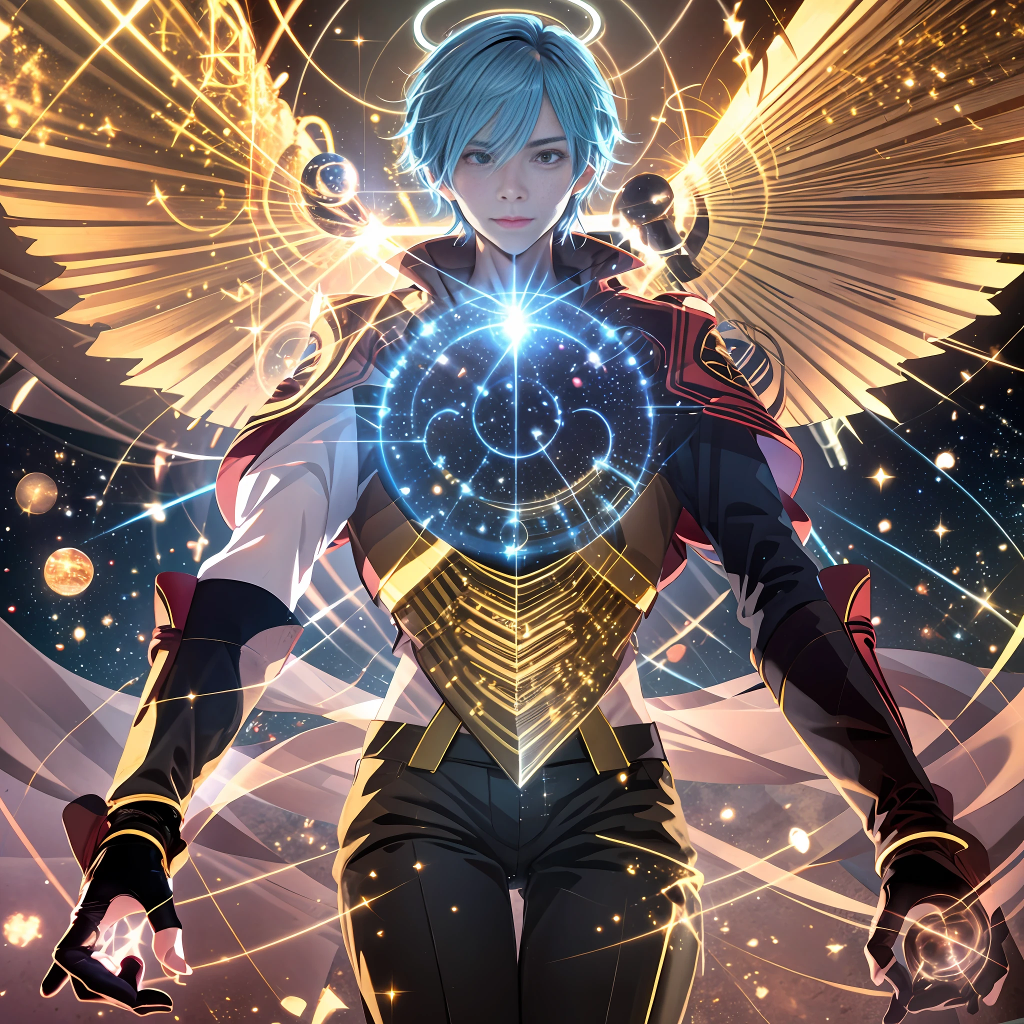 Nine electric balls, one blue light, one golden light, anime boy, hands outstretched, glowing spheres around the body, back wings spread