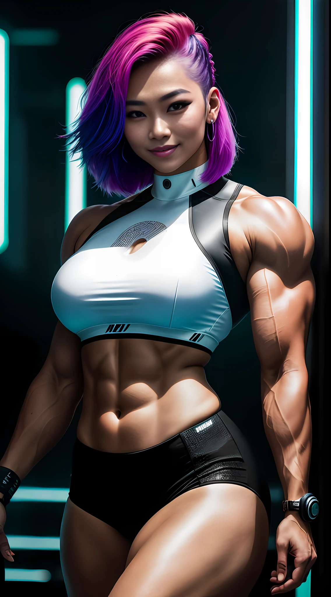 cyberpunk portrait photography, beautiful young thai woman with colorful hair, bodybuilder physique, looking away from the camera in glowing futuristic, smile, wearing white top, smiling, happy, super realistic face, natural skin, soft light, rim light, hips, in road side, detailed background, intricate , highly detailed, octane render, HD, 8k, by Annie Leibovitz,120mm