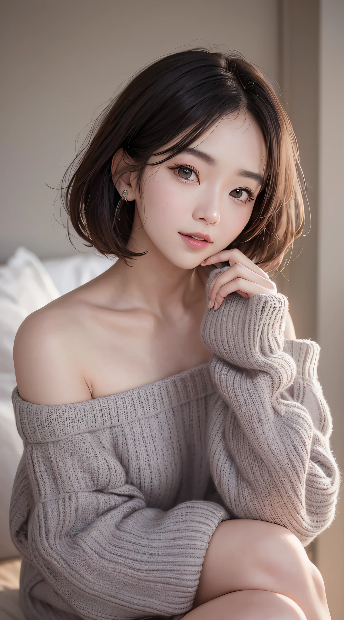 Top quality, masterpiece, ultra high resolution, (photo real: 1.4), one girl, looking at the viewer, wearing an oversized off-shoulder knit over naked, Korean famous actress, very beautiful, cute, cinematic, 35mm lens, f / 1. 8、Accent lighting, 8K, at home, smile here,