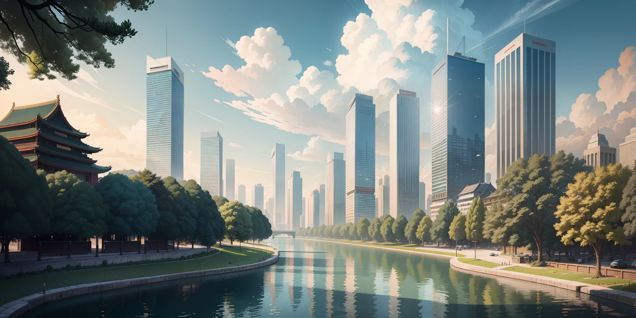 Ancient Chinese cityscape, tall buildings, green trees, river, blue sky, white clouds, sunlight, masterpiece, super detail, epic composition, ultra high definition, high quality, extremely detailed, official art, uniform 8k wallpaper, super detail, 32k - v 6