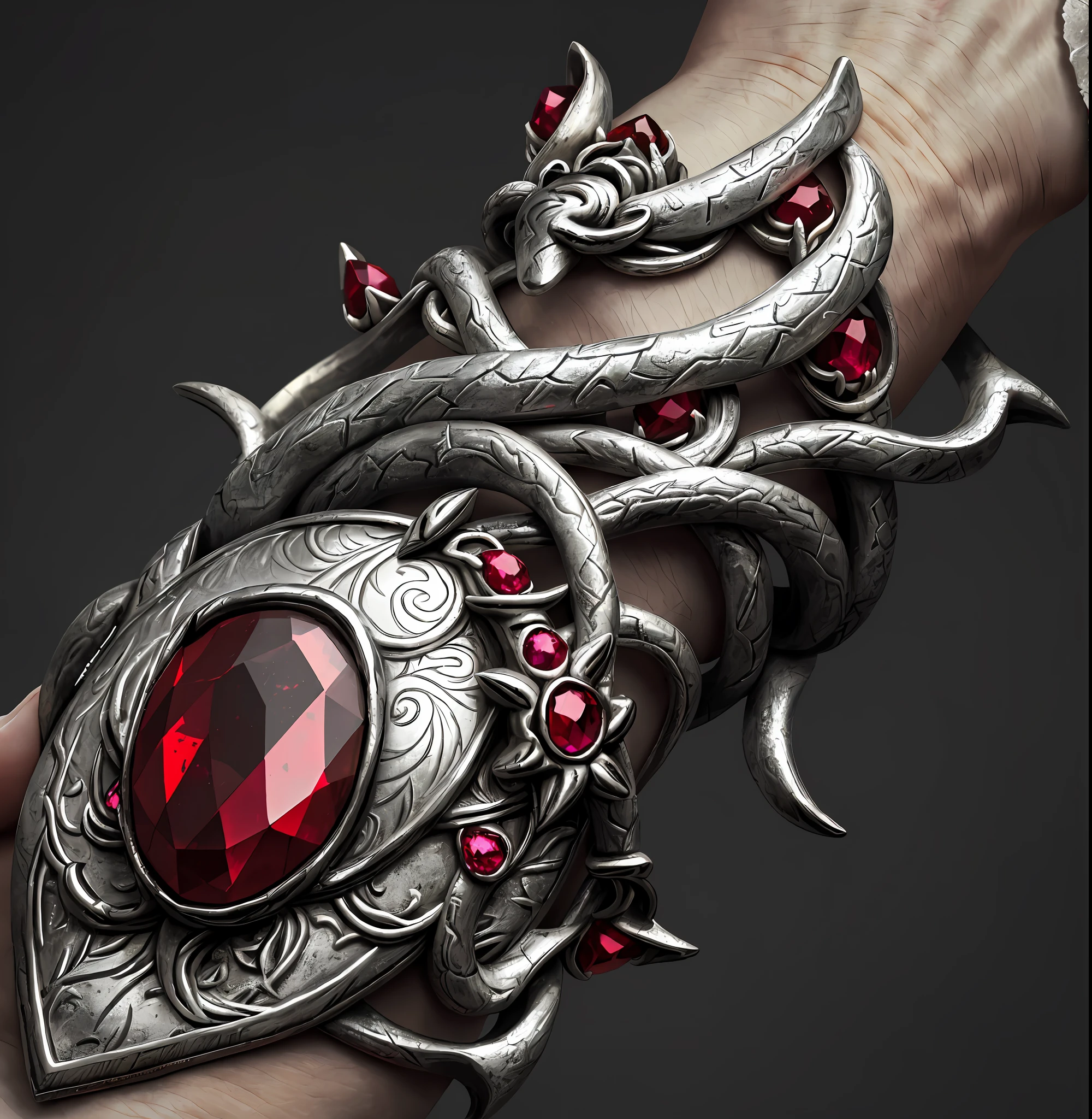 (masterpiece, best quality, ultra-detailed, highres) artifact silver bracelet adorned with red ruby, vines coiling around arm