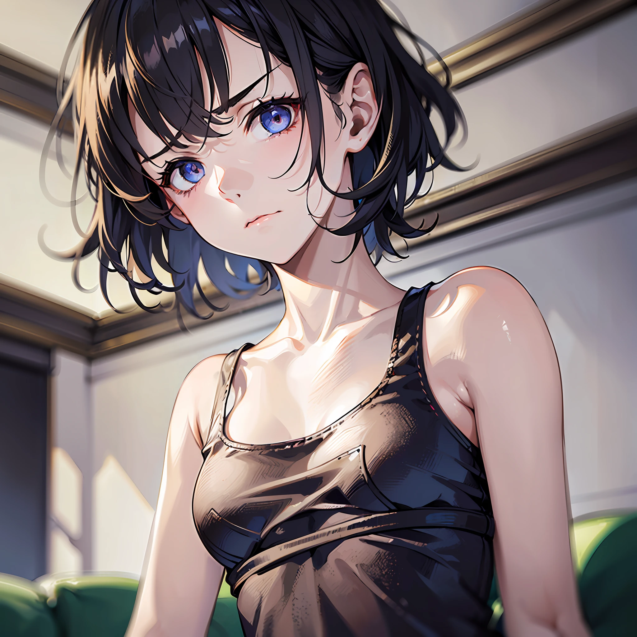 1girl, (solo:1.2), ((masterpiece)), (shadow), [slim], (small breasts), ((sharp focus)), pale skin, ((detailed eyes)), (blurry background), (dynamic angle), black hair, closed mouth, tank top, interior, living room, messy hair, looking at viewer, cold expression, frowning, annoyed, short hair
