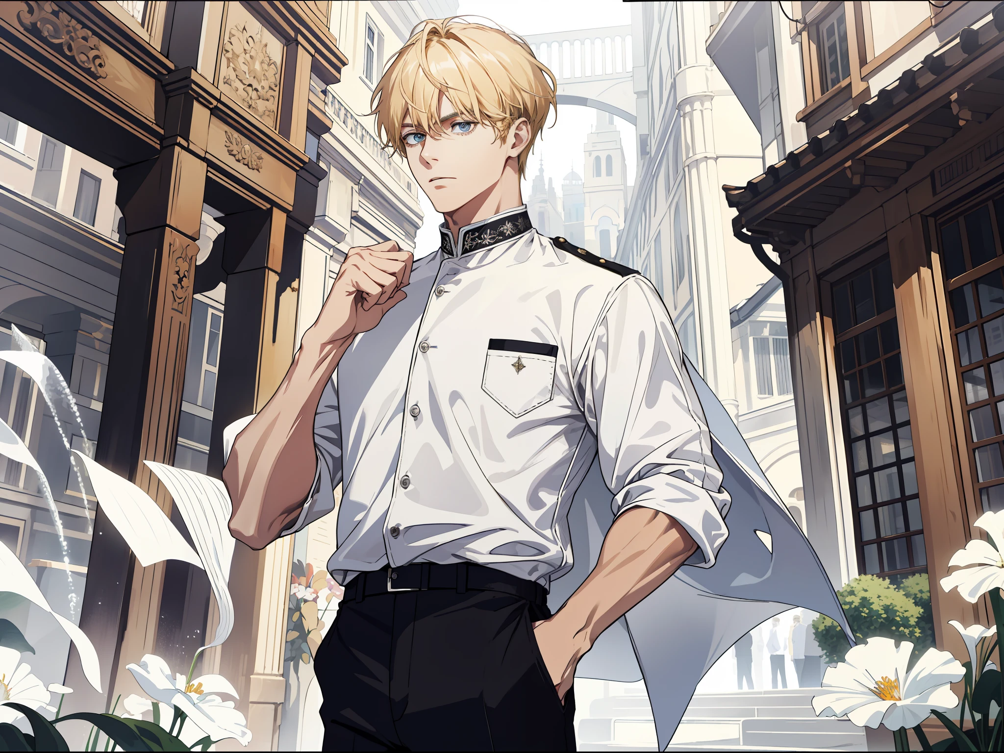 (ridiculous, high resolution, super detailed), 1 male, teenager, handsome, delicate eyes and delicate face, off-white casual clothes, black pants, square, crowd, (surprised), irritated, clenched fist, holland point, sideways, looking ahead, wavy blonde, antique style