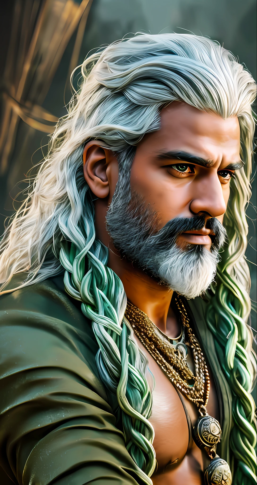 A photorealistic portrait of prabhas with long white hair, as Poseidon God of the Seas, wearing a chain around his neck (glowing green chain:1.2) (in hand:1.2), cinematic rim light, very strong and fitted, intense action, dynamic juxtaposition, wearing royal clothes and holding a bronze trident with precious gems, warrior helmet and a sword, with a futuristic underwater kingdom as the background, fierce, tumblr contest winner, hurufiyya, very strong and masculine, movie still, cinematic lighting. photograph, detailed symmetric realistic face, extremely detailed natural texture, peach fuzz, long waived hair, masterpiece, absurdres, nikon d850 film stock photograph, kodak portra 400 camera f1.6 lens, extremely detailed, amazing, fine detail, hyper realistic lifelike texture, dramatic lighting, unrealengine, trending on artstation, cinestill 800 tungsten, looking at the viewer, photo realistic, RAW photo, TanvirTamim, high quality, highres, sharp focus, extremely detailed, cinematic lighting, 8k uhd,-imagine- --auto --s2