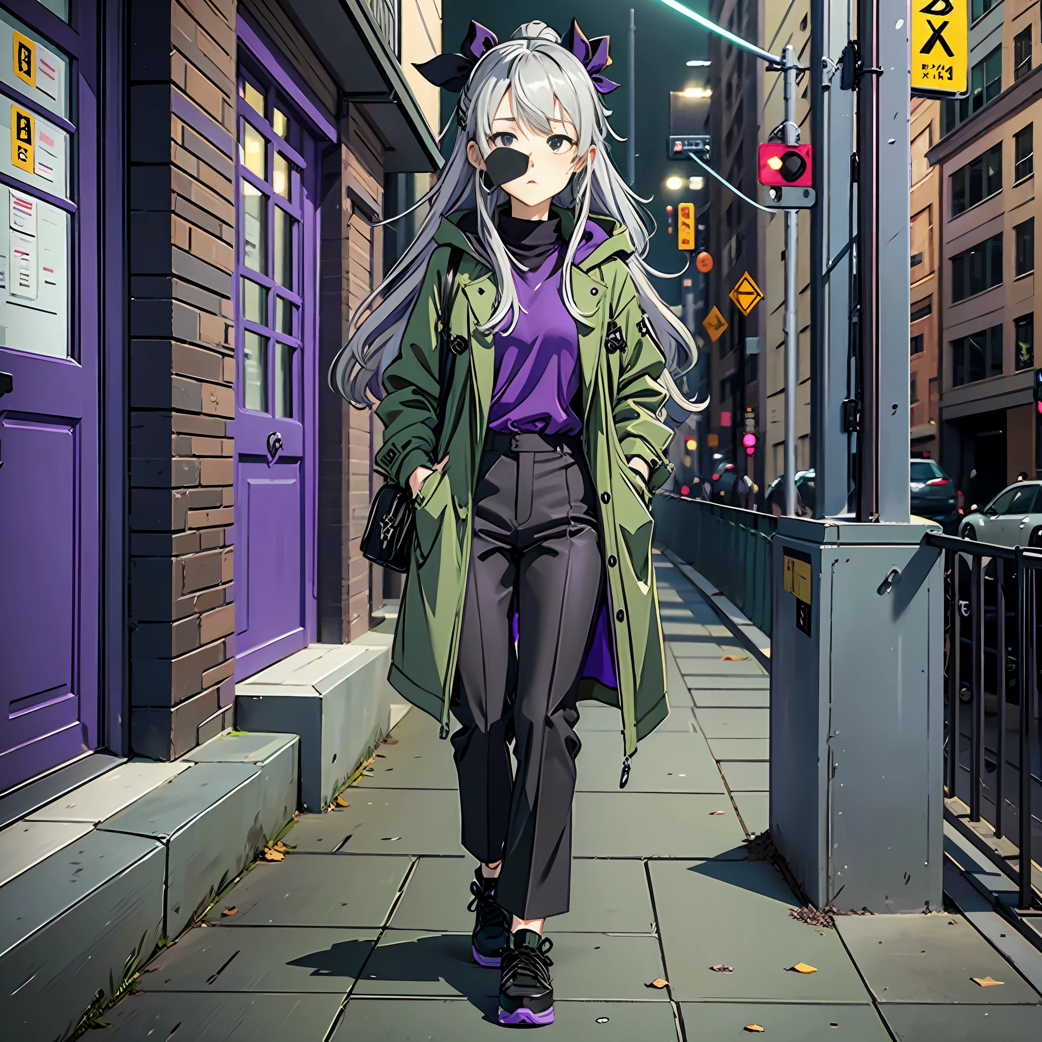 Gray hair, medium long hair, purple shirt, green coat, black pants, black shoes, dull hair, girly, introverted, cute, purple pupils, tsundere