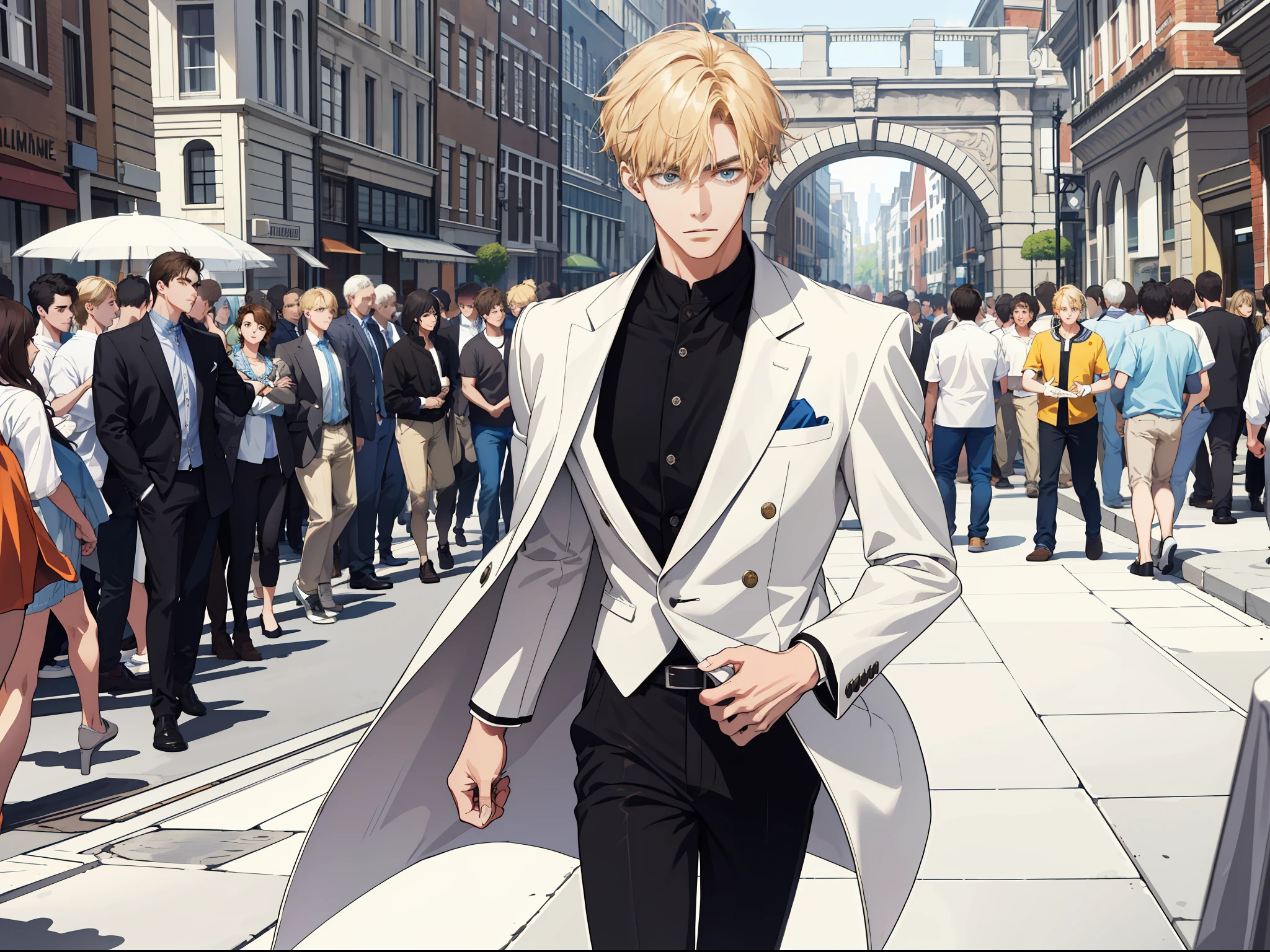 (ridiculous, high resolution, super detailed), 1 male, ager, handsome, delicate eyes and delicate face, off-white casual clothes, black pants, square, crowd, (surprised), irritated, clenched fist, holland point, sideways, looking ahead, wavy blonde, antique style