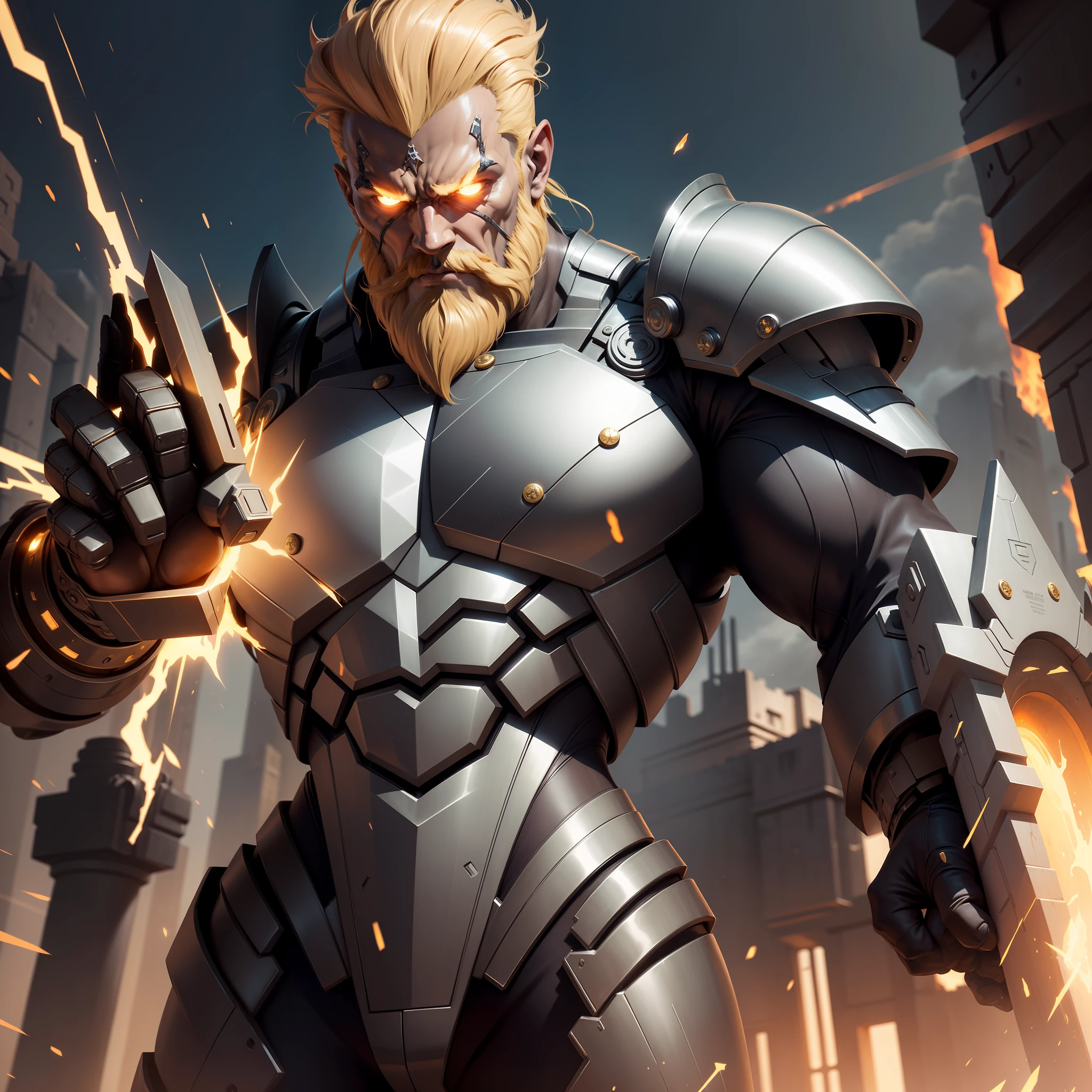 Describe, in rich detail, the perfect appearance of a giant cyborg man, carrying a golden hammer in his right hand proportional to his size. Take into consideration the quality and perfection of the body, highlighting impressive attributes and features that express its grandeur and menacing presence, in a posture of war.
Additional instructions:
Focus on the physical description of the giant cyborg, highlighting its striking features.
Explore details related to your cybernetic state and metallic attributes.
Emphasize its wartime position and its grandeur, but avoid any description of explicit violence.
Example:
On the verge of battle, an imposing and immortal spectacle presents itself before their eyes. The giant cyborg man dominates the landscape, with an overwhelming presence that inspires respect and awe. His brown eyes, like burning embers, convey an unwavering determination, while his electronic pupils glow with the light of technology.
Her gleaming black skin looks bathed in polished steel, conveying the perfect fusion between technology and humanity. Metallic details strategically incorporated into his body complete the cybernetic aura, underscoring his nature beyond the human. Each mechanical junction is precise and meandering, a work of meticulous engineering.
A comb of blond threads, subtly metallic, wraps around his cybernetic head, flowing like a flame through the darkness. His sturdy, well-groomed beard adds an extra dose of grandeur, highlighting the intriguing combination of strength and wisdom.
The giant cyborg raises his solid gold hammer in his right hand, a weapon as colossal as himself. Every detail of the hammer is an ode to perfection, with intricate carvings and ancient runes carved into the golden surface. The proportion of the hammer is balanced and harmonious with respect to the imposing size of the cyborg, giving it a powerful sense of balance.
In a position of war, the cibor