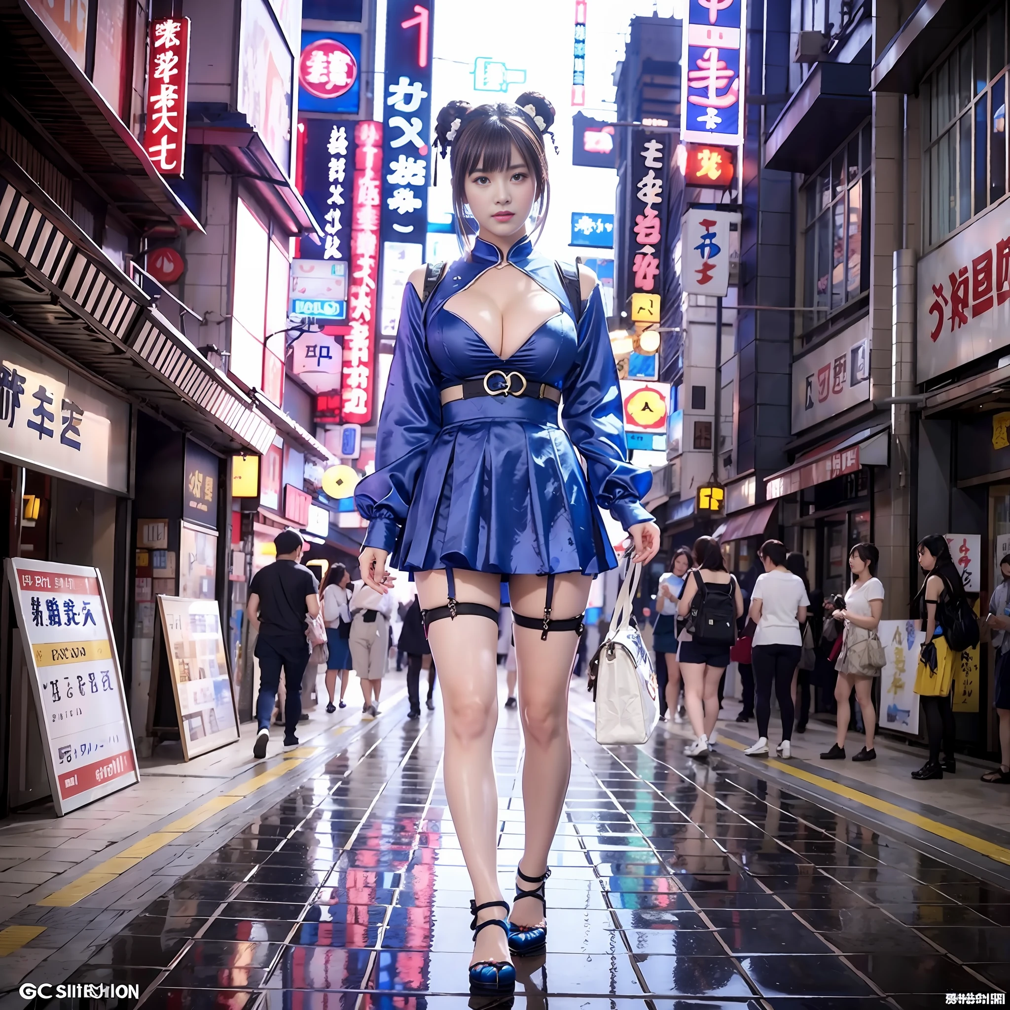 1girl, gravure photo, beautiful girl, big breasts, mini china high leg, woman in blue clothes standing in Akihabara with many onlookers, cyberpunk art inspired by Masamune Shiro, Artstation contest winner, fantasy art, spring portrait - Li, Chun-Li, Chun-Li portrait, seductive anime girl, Jim Chun-Li, beautiful charming anime womanTrending, Full Body, Standing, by CGSTATION,