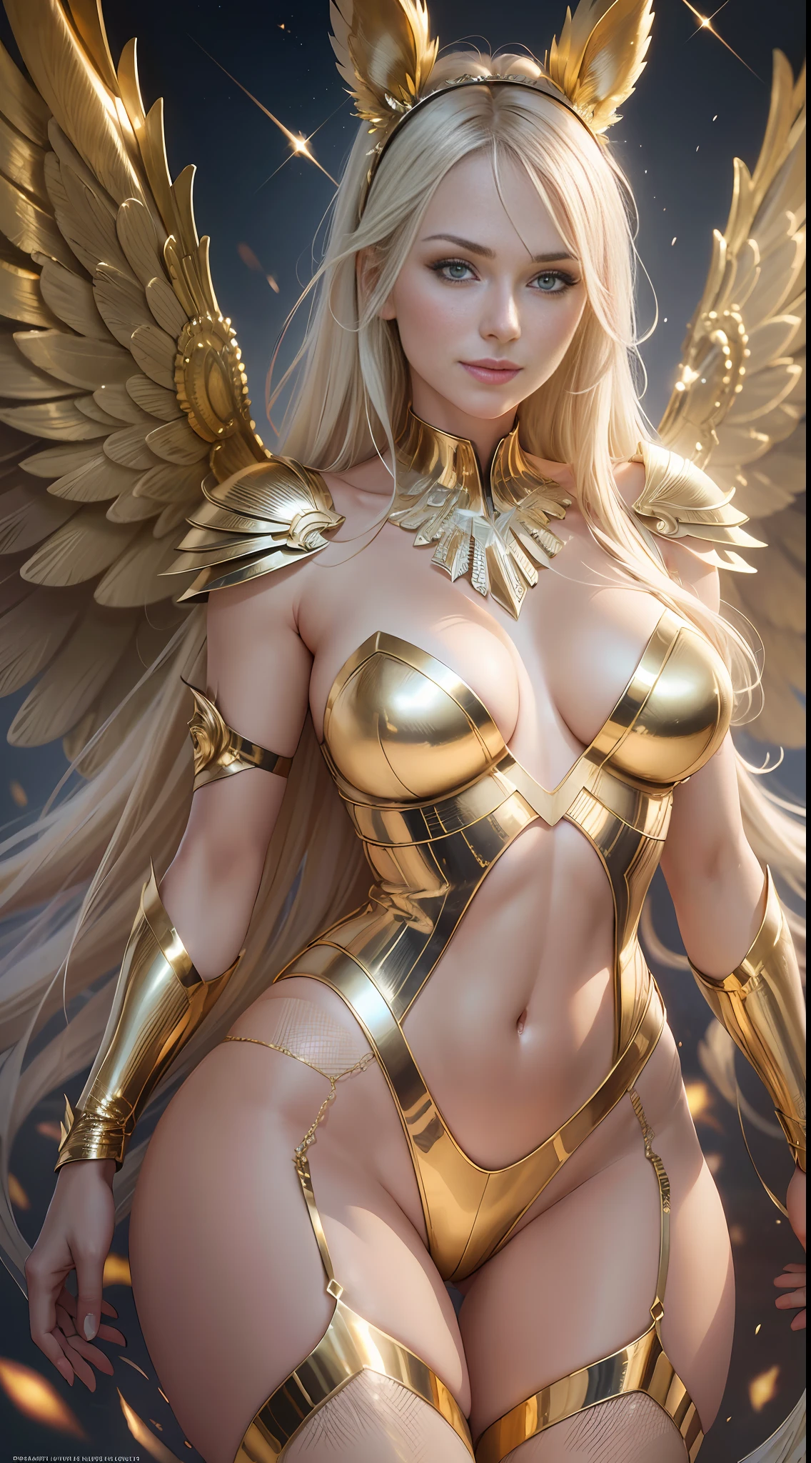 Top quality, masterpiece, 8k, ultra high resolution, (photorealistic: 1.4), raw photos, movie lighting, Maria Sharapova, smile, woman with moderate breast size, platinum blonde hair, well-formed face parts, sparkle in eyes, beautiful body, gold futuristic outfit, big wings of archangel, bunny girl ears, gold garter belt, gentle lighting
