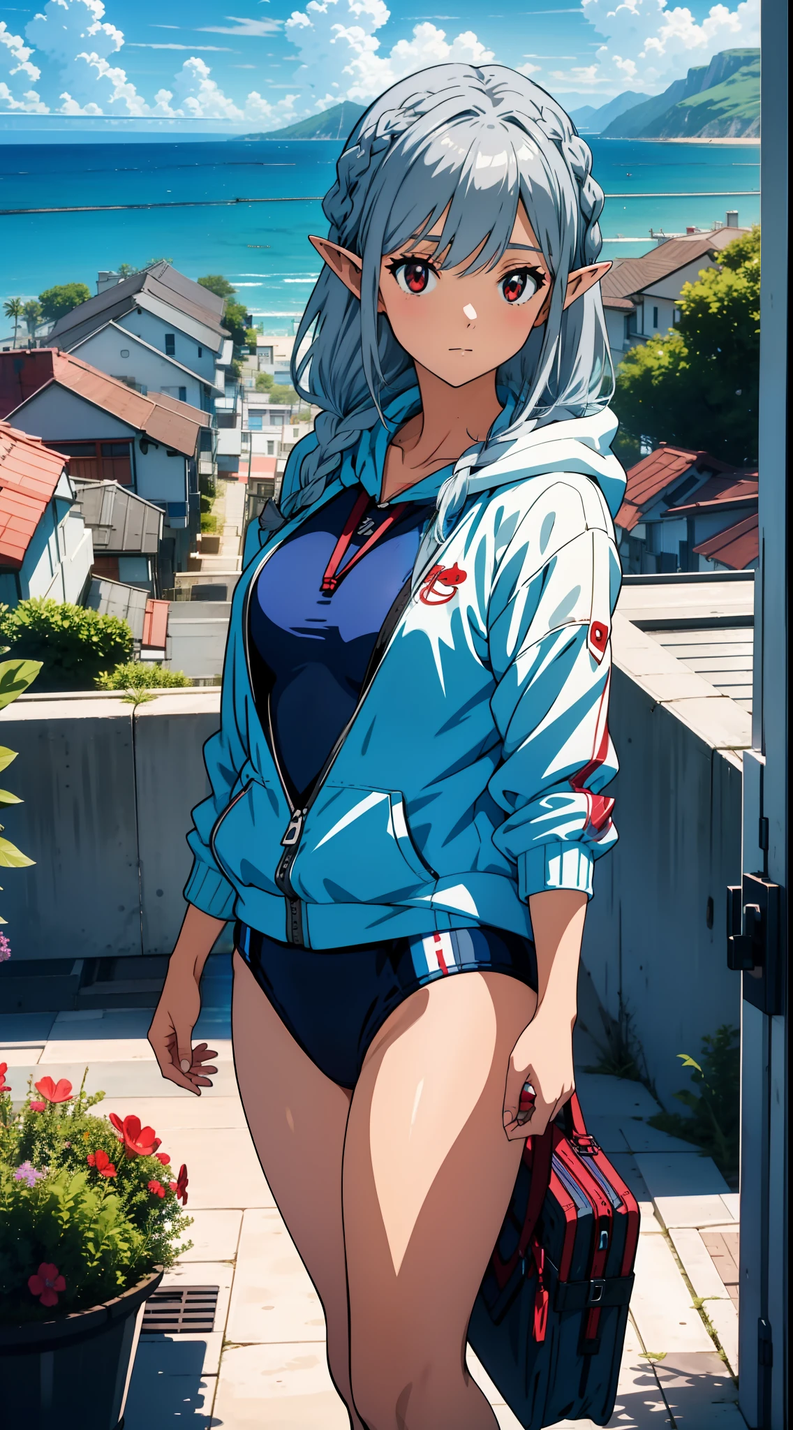 (seaside city), (overlooking the sea), (swimsuit), (competitive swimsuit), one girl close-up, hoodie, elf, silver hair, red eyes, braid, concept art, official art, beautiful anime scene, beautiful anime landscape, anime landscape, top rating on pixiv