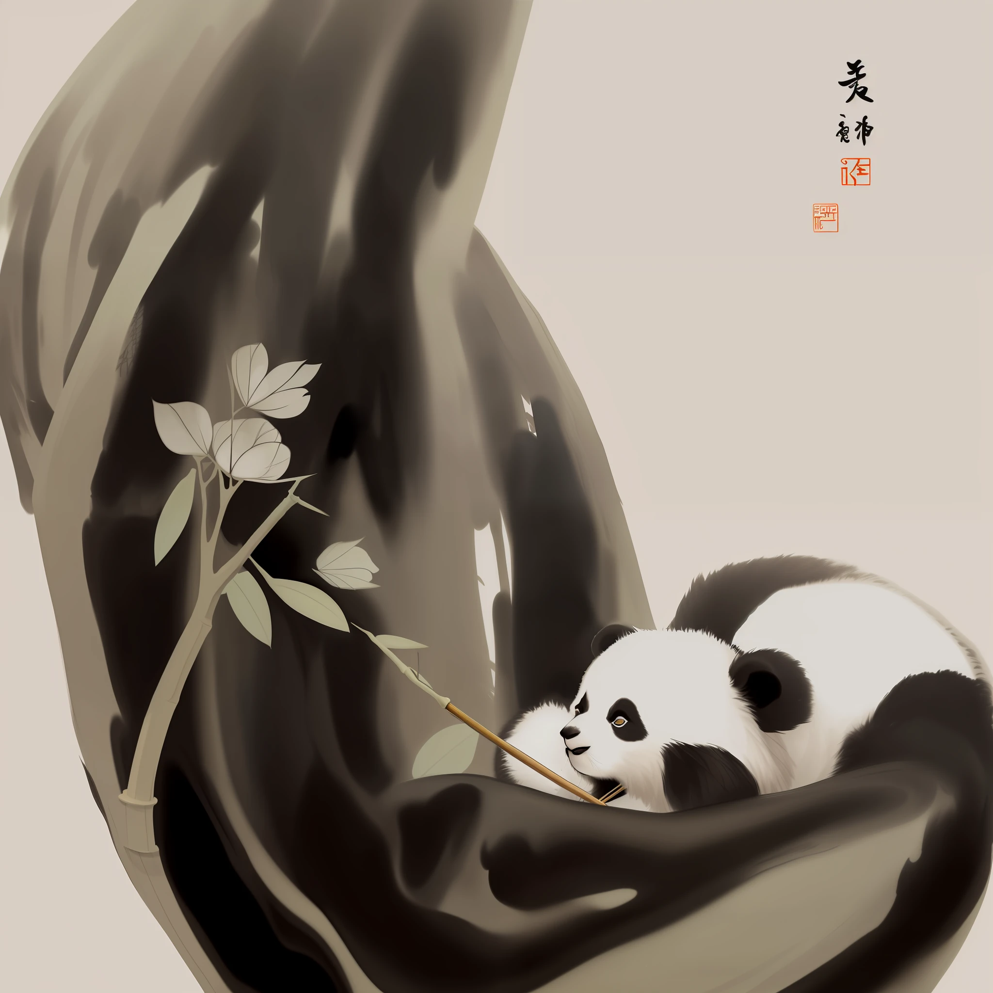 shukezouma, negative space, , shuimobysim ,a panda eating bamboo, traditional chinese ink painting,