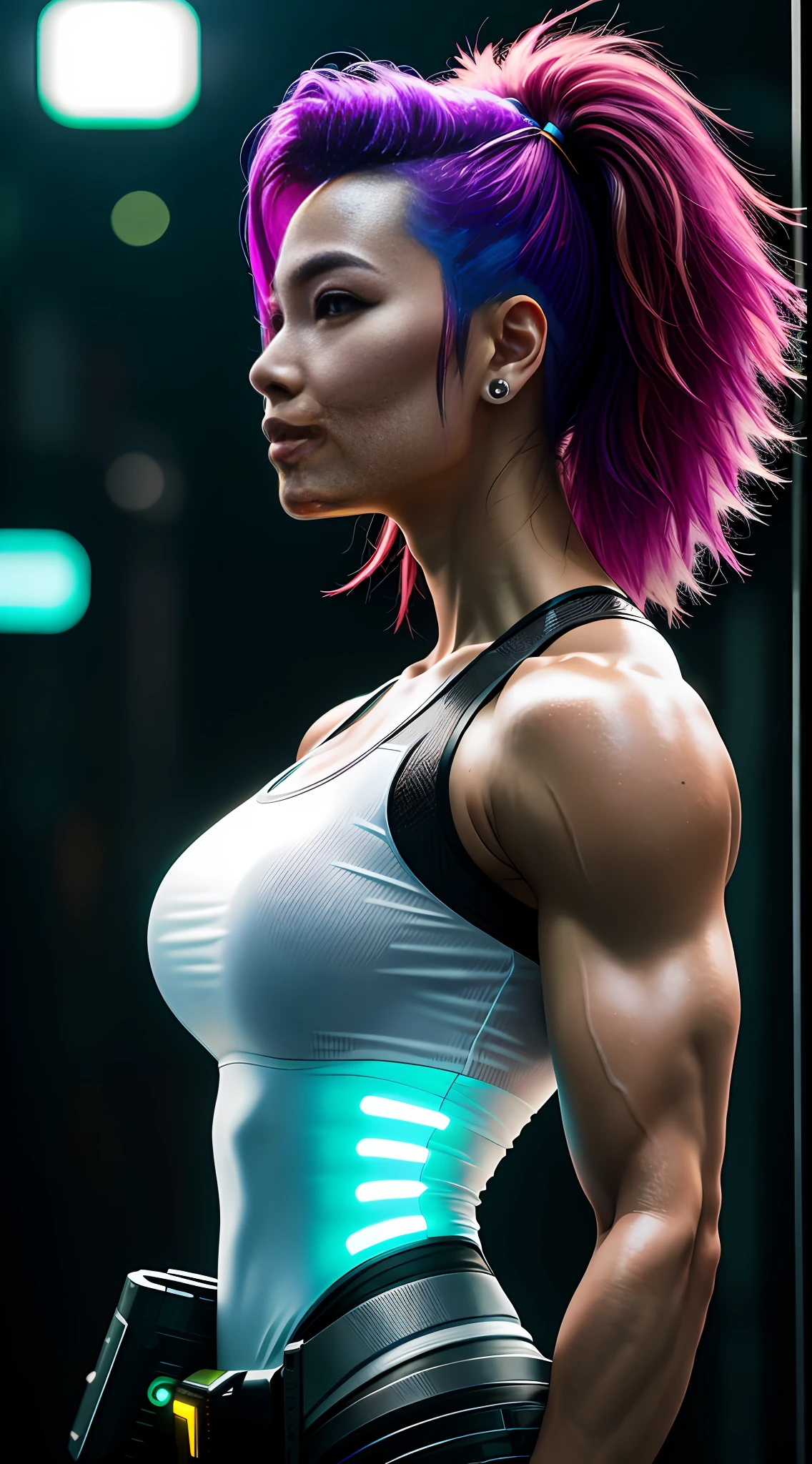 cyberpunk portrait photography, beautiful young Thai woman with colorful hair, bodybuilder physique, seen from the side, looking to the distance, glowing futuristic, smile, wearing white top, smiling, happy, super realistic face, natural skin, soft light, rim light, hips, detailed background, intricate , highly detailed, octane render, HD, 8k, by Annie Leibovitz,120mm
