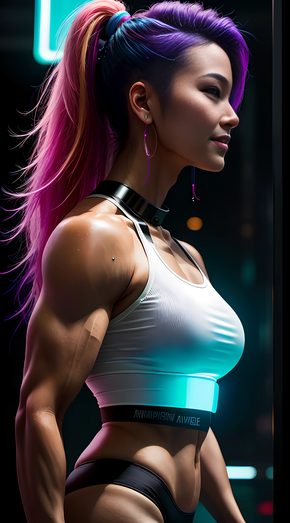 cyberpunk portrait photography, beautiful young Thai woman with colorful hair, bodybuilder physique, seen from the side, looking to the distance, glowing futuristic, smile, wearing white top, smiling, happy, super realistic face, natural skin, soft light, rim light, hips, detailed background, intricate , highly detailed, octane render, HD, 8k, by Annie Leibovitz,120mm