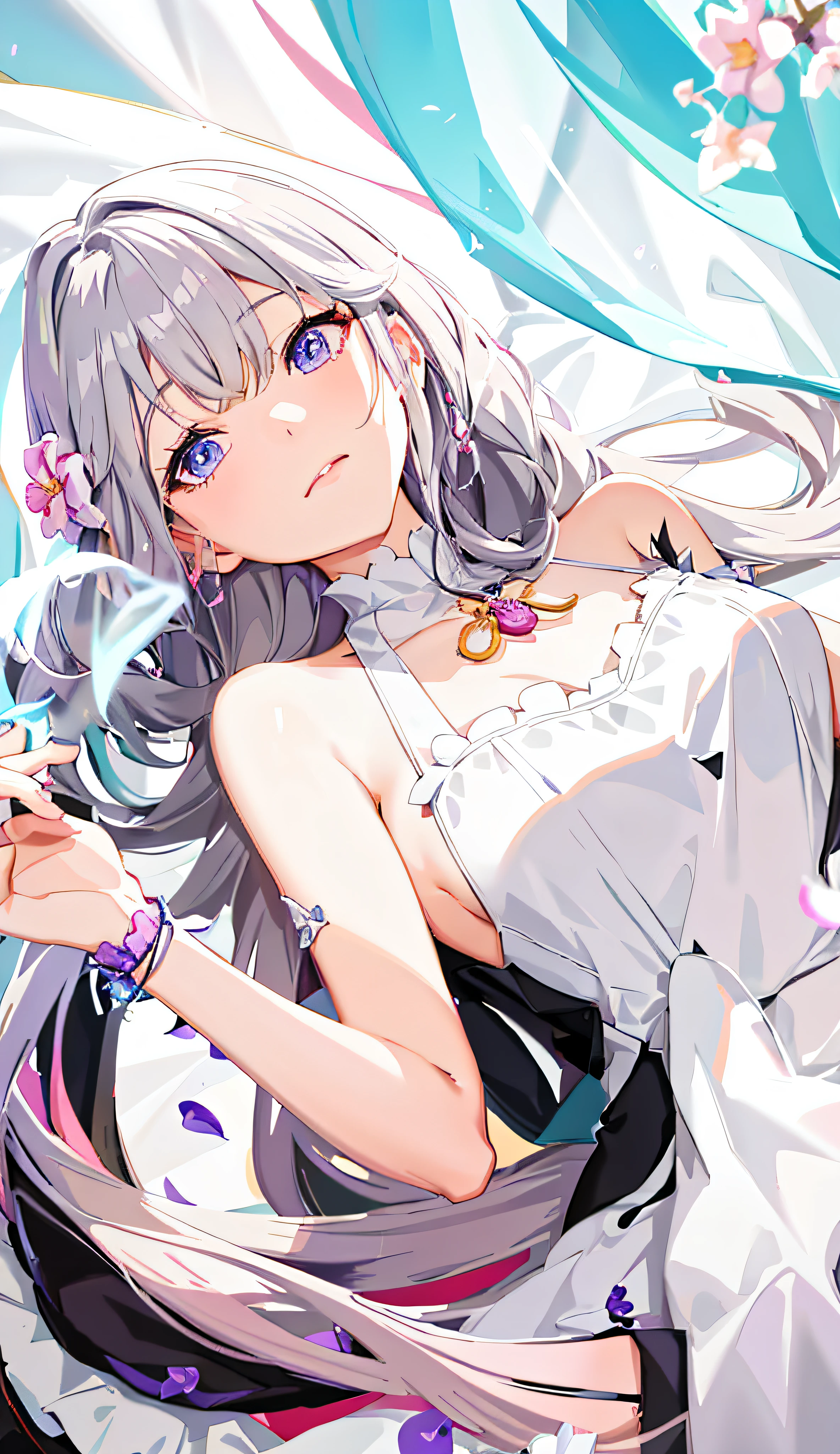 anime girl laying on a bed with a flower in her hair, cute anime waifu in a nice dress, smooth anime cg art, seductive anime girl, anime key visual of elegant, anime visual of a cute girl, beautiful anime girl, loli in dress, beautiful alluring anime woman, guweiz, artwork in the style of guweiz, beautiful anime woman